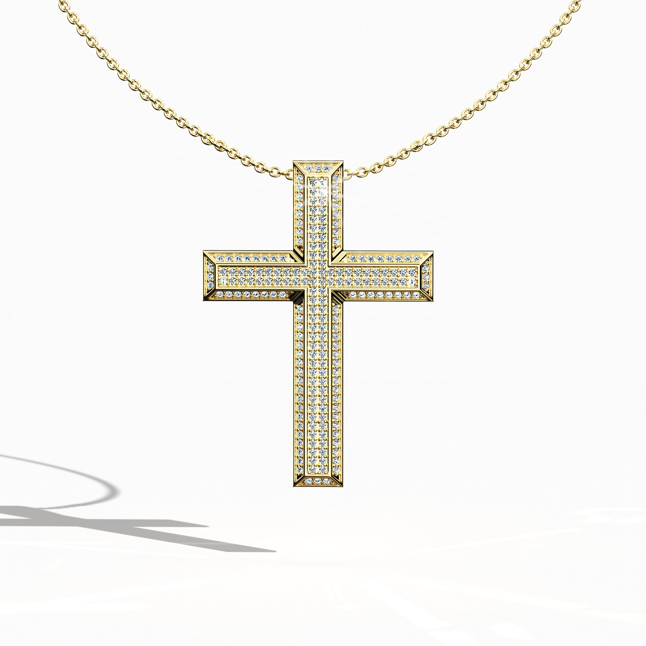 Front view of a 3‑step paved cross pendant in classic жёлтое золото, sometimes called traditional or golden‑hued metal in various regions. The tri‑tier or multi‑step design, also recognized as a stacked cross, is adorned with 1.20 carat of pavé diamonds along each layer. Its polished finish exudes a timeless aura, blending sacred symbolism with modern allure. Keywords: 3‑step cross, жёлтое золото, 1.20 carat diamonds, paved design.
