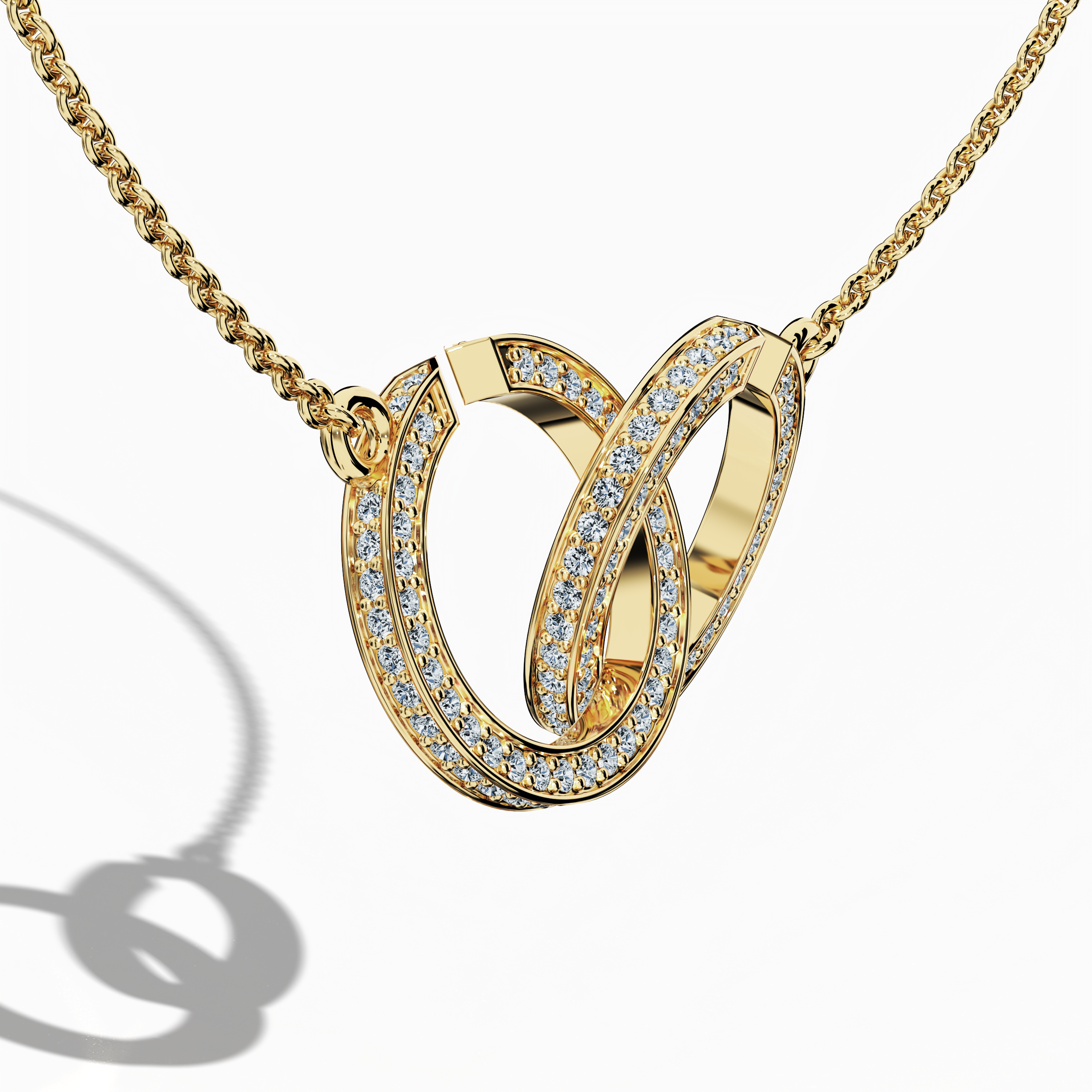 "Close-up front side view of an interlock diamond pendant in жёлтое золото (oro amarillo, or jaune, Gelbgold), showcasing its meticulously interlocked design and up to 0.90 carats of sparkling diamonds. This detailed Украшения piece, often referred to as an interlock pendant, diamond interlock necklace, or locked diamond pendant, reveals the precision of each interlaced segment and a radiant finish that underscores modern luxury and timeless style. Keywords: interlock diamond pendant, жёлтое золото.