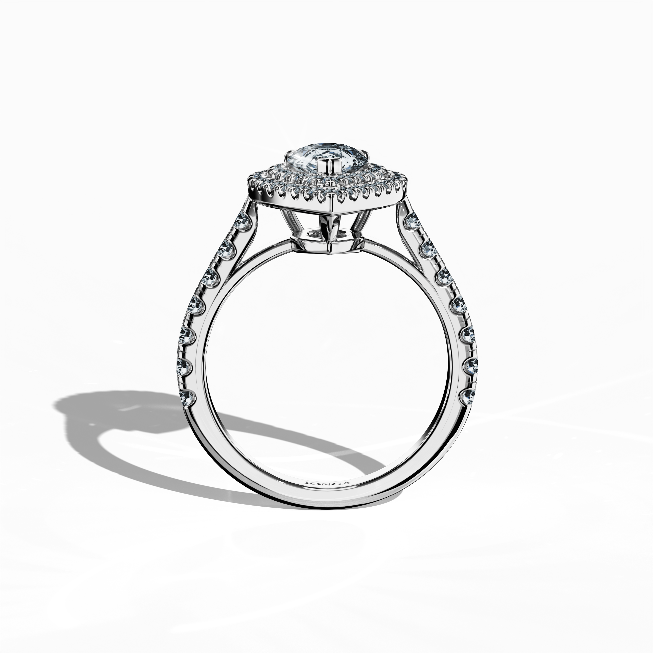 Visual display of an elegant double halo diamond ring in pristine белое золото (luminous white/sterling white) captured in a standing front view. The ring boasts a striking 1ct pear‐cut center diamond—also known as teardrop or waterdrop—paired with up to 1ct of paved side diamonds. With design elements including double halo, pavé halo, twin halo, cathedral halo, vintage halo, and contemporary halo, it exudes opulence, sophisticated craftsmanship, and cosmopolitan charm.