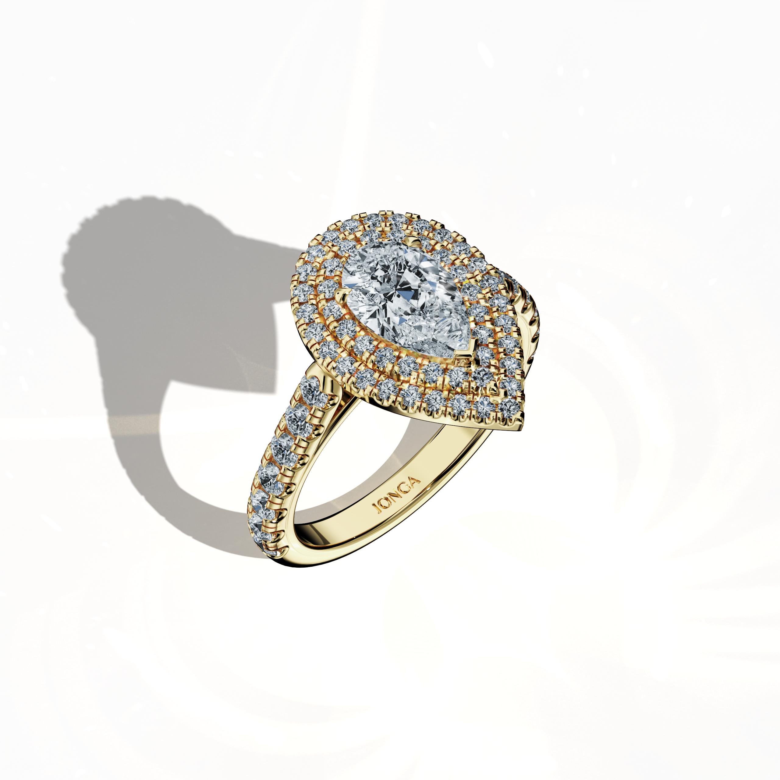 Striking depiction of a double halo diamond ring in radiant жёлтое золото (classic gold/sunlit gold) captured in a standing front top side view. Featuring a captivating 1ct pear‐cut center diamond (teardrop, waterdrop) embraced by a pave halo of up to 1ct side diamonds, its design spans double halo, pavé halo, twin halo, cathedral halo, vintage halo, and contemporary halo styles. This view exudes refined opulence, meticulous craftsmanship, and a blend of timeless and modern international elegance.