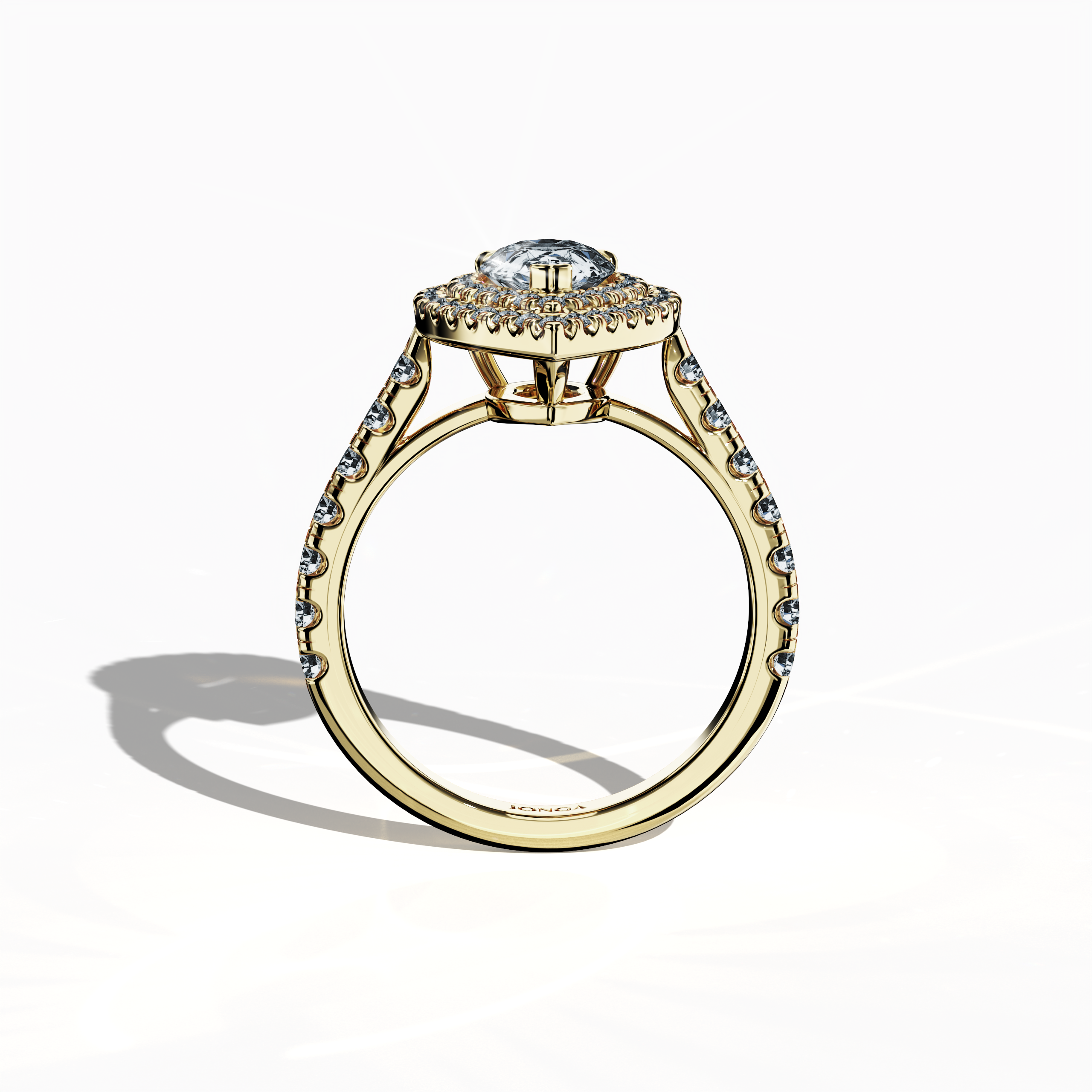 Visual display of a stunning double halo diamond ring in vibrant жёлтое золото (classic gold/sunlit gold) shown in a standing front view. The ring boasts a mesmerizing 1ct pear‐cut center diamond—also known as teardrop or waterdrop—paired with up to 1ct of flawlessly paved side diamonds. With design motifs including double halo, pavé halo, twin halo, cathedral halo, vintage halo, and contemporary halo, it exudes refined opulence, exquisite craftsmanship, and international allure.