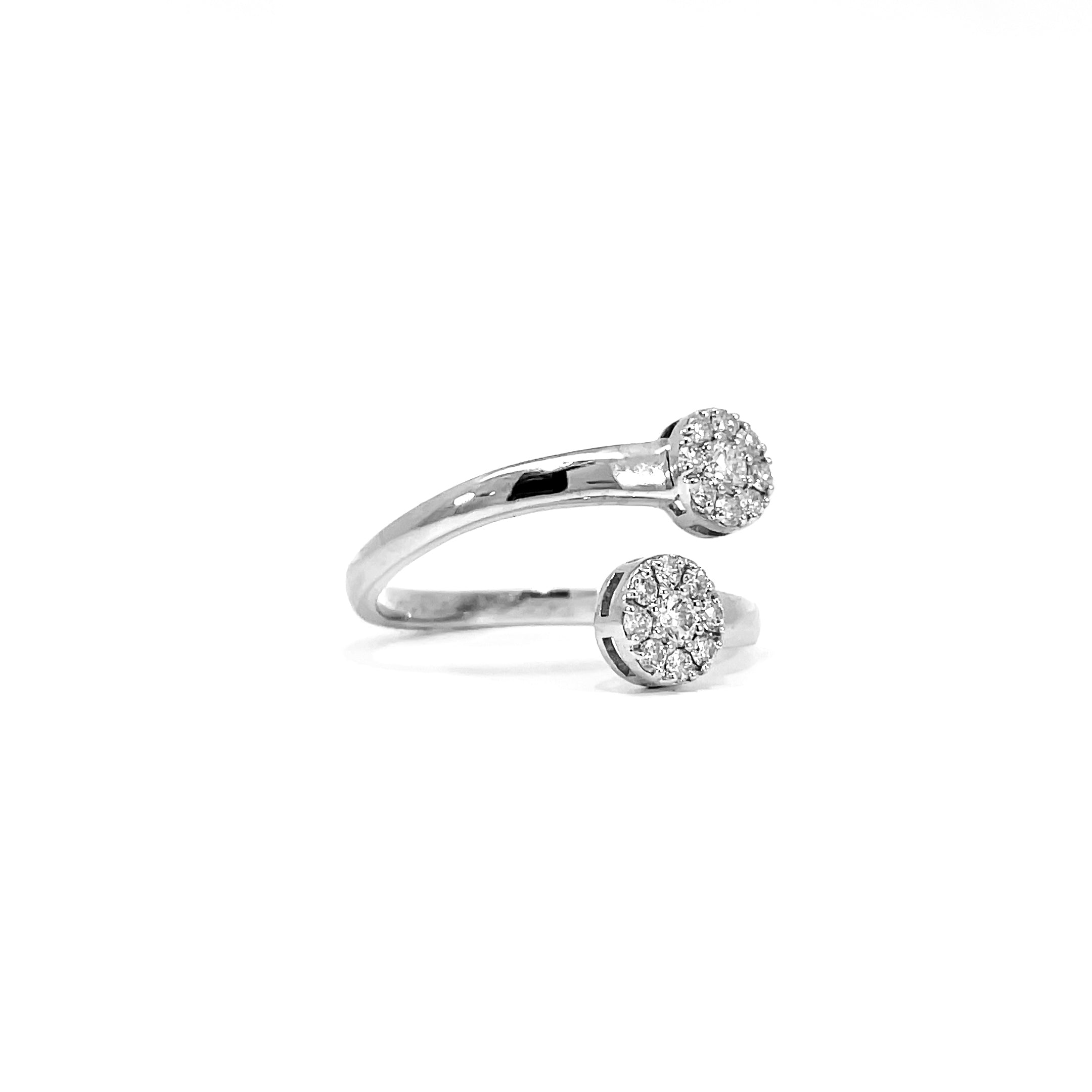 Double cluster ring showing 0.37 carat D-F color VVS-VS clarity diamonds in double cluster design 18K white gold