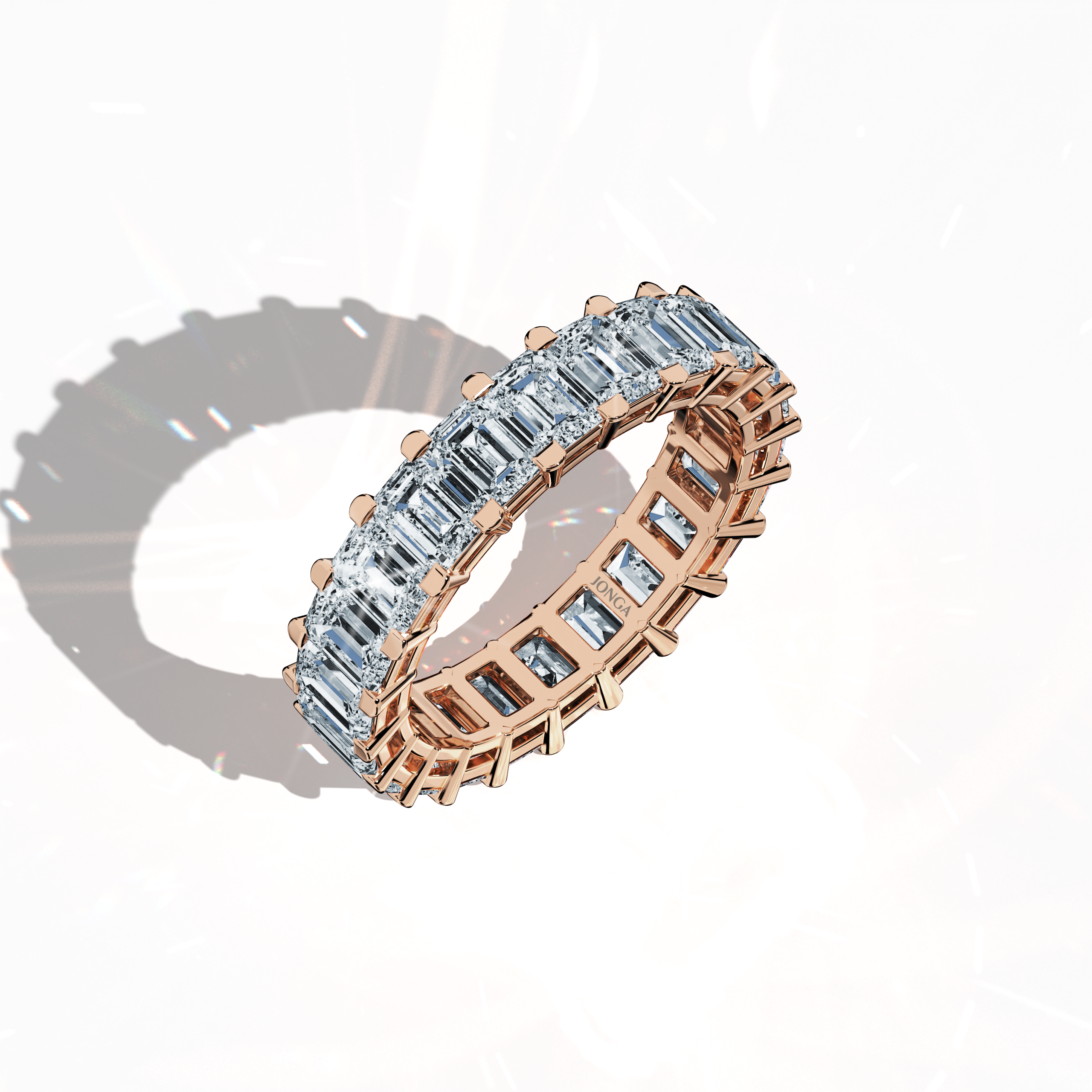 Exquisitely rendered in a standing front top side view, this Emerald Eternity ring in radiant розовое золото, also referred to as pink or blush gold in varied design traditions, exudes refined allure. Celebrated as Eternal Emerald, Infinity Emerald, and Everlasting Allure, it features up to 24 sparkling diamonds totaling 4.55 carats, meticulously encircling a luminous emerald centerpiece. Keywords: luxury, fine Украшения, innovative design, timeless sophistication.