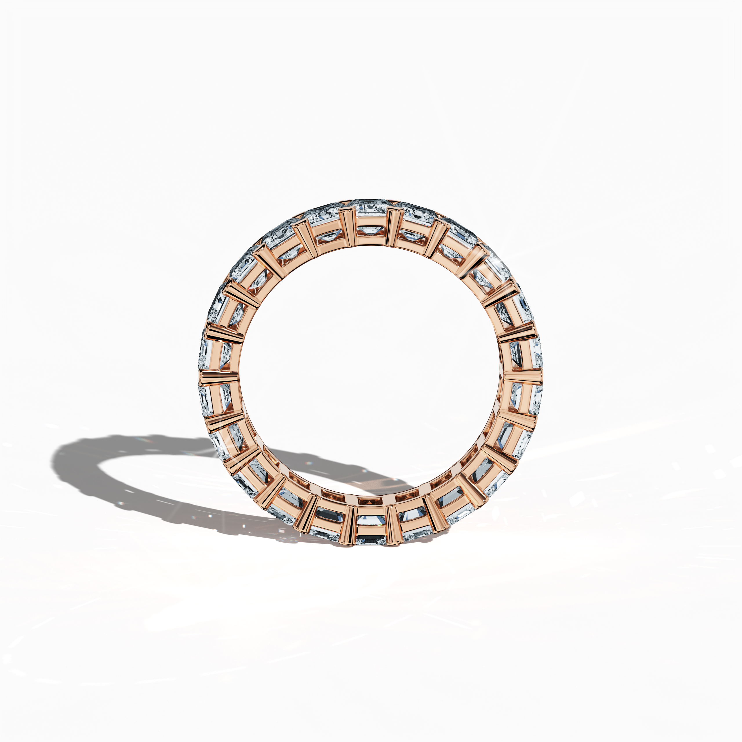 Presented in an elegant standing front view, this Emerald Eternity ring in glowing розовое золото—known alternatively as pink or blush gold—radiates exceptional beauty and sophistication. Adorned with revered design names such as Eternal Emerald, Infinity Emerald, and Everlasting Allure, the ring boasts up to 24 brilliantly set diamonds totaling 4.55 carats, framing a vibrant emerald centerpiece. Keywords: luxury, fine Украшения, timeless elegance, innovative design, masterful craftsmanship.
