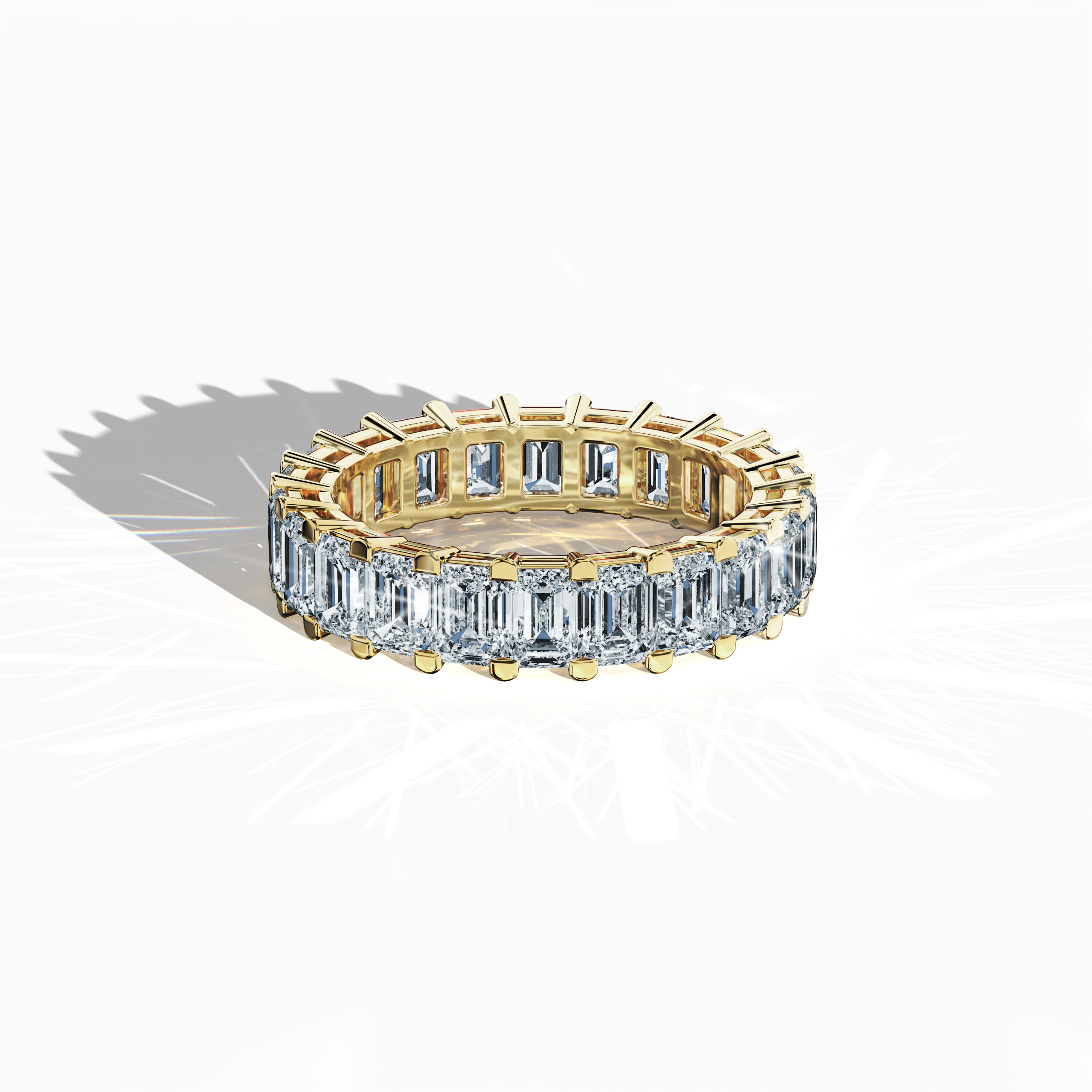 Displayed from a sophisticated sleeping front top view, this magnificent Emerald Eternity ring in brilliant жёлтое золото—alternatively known as classic or sunlit gold—exemplifies refined luxury. Celebrated under design names like Eternal Emerald, Infinity Emerald, and Everlasting Allure, it features up to 24 exquisitely set diamonds weighing 4.55 carats, perfectly framing a vivid emerald centerpiece. Keywords: fine Украшения, innovative design, timeless elegance, exceptional craftsmanship.