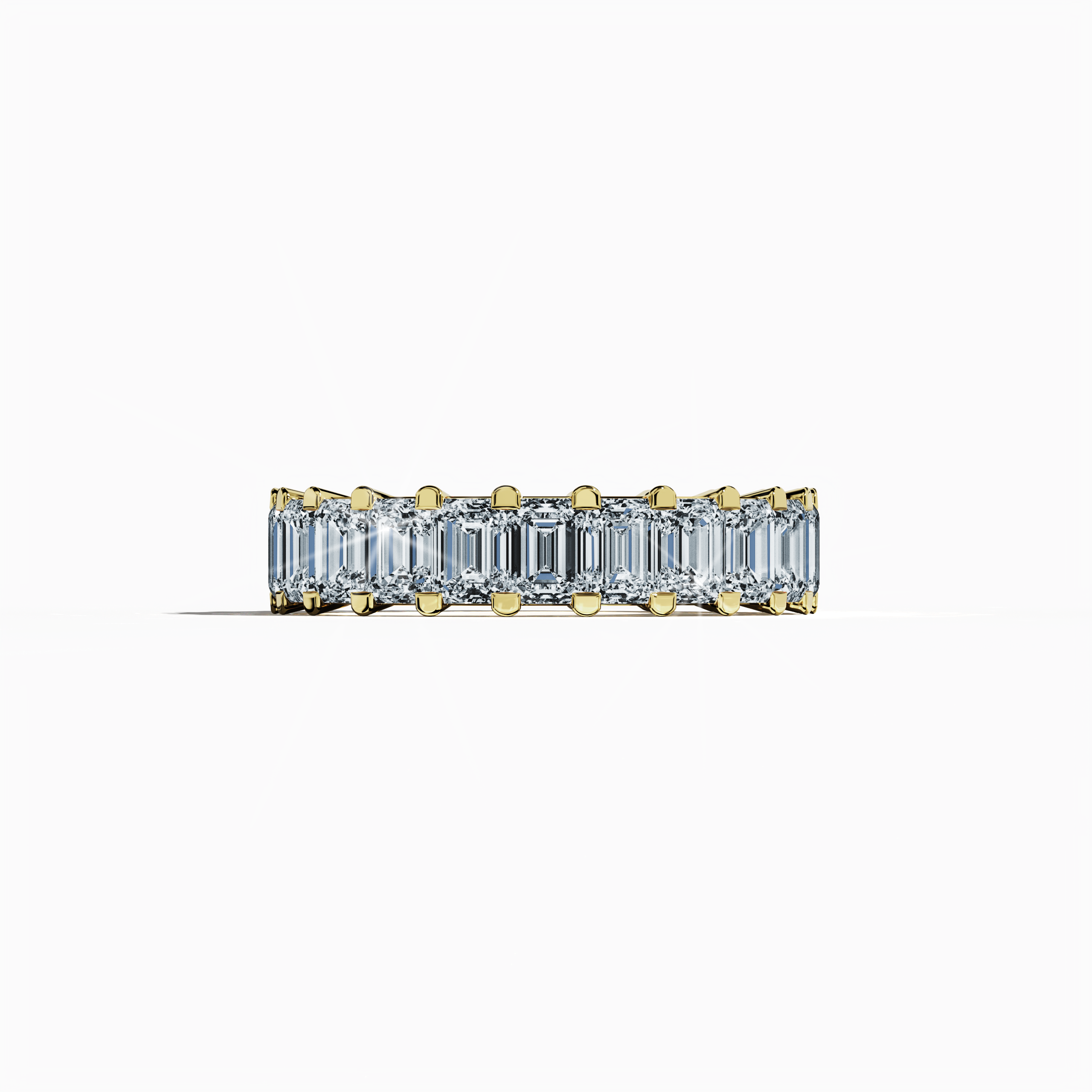 Captured in a serene sleeping front view, this opulent Emerald Eternity ring features a radiant yellow gold band, often recognized as classic or sunlit gold in varied design lexicons. Embracing distinguished identities such as Eternal Emerald, Infinity Emerald, and Everlasting Allure, the ring is embellished with up to 24 dazzling diamonds totaling 4.55 carats, gracefully encircling a vibrant emerald centerpiece. Keywords: luxury, fine jewelry, timeless elegance, innovative design, refined craftsmanship.