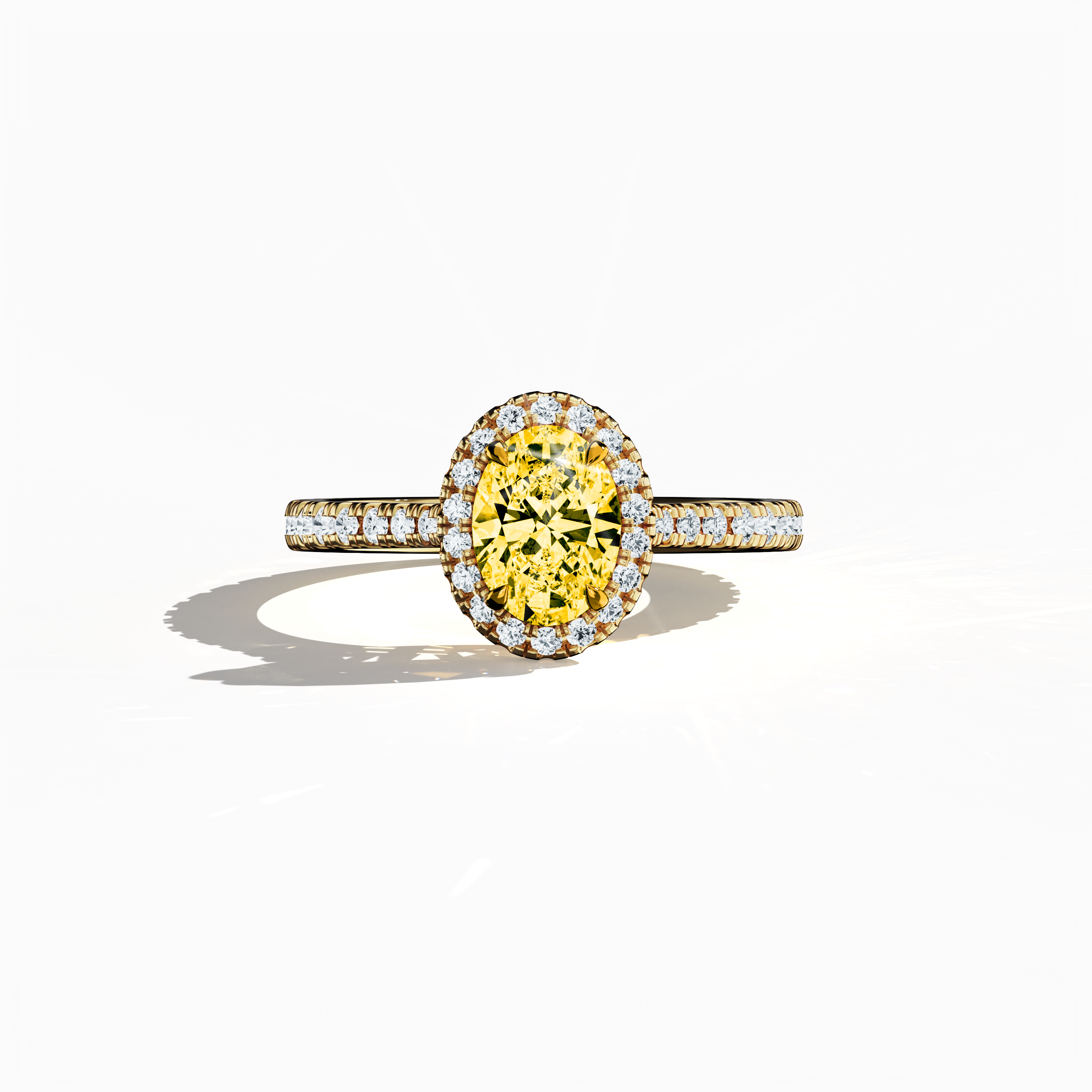 Captured in a serene sleeping front view, this halo paved ring in glowing yellow gold showcases a luminous 1 carat yellow oval‐cut diamond centerpiece, gracefully surrounded by a 0.60 carat halo of dazzling side stones, totaling 1.60 carats. Merging Classic Halo, Modern Halo, Vintage Halo, Contemporary Halo, and Eternity Halo influences with oval and radiant cut details, its rich golden, amber finish radiates opulent luxury and vibrant charm. Keywords: handcrafted, sparkle, elegance, timeless, brilliant.