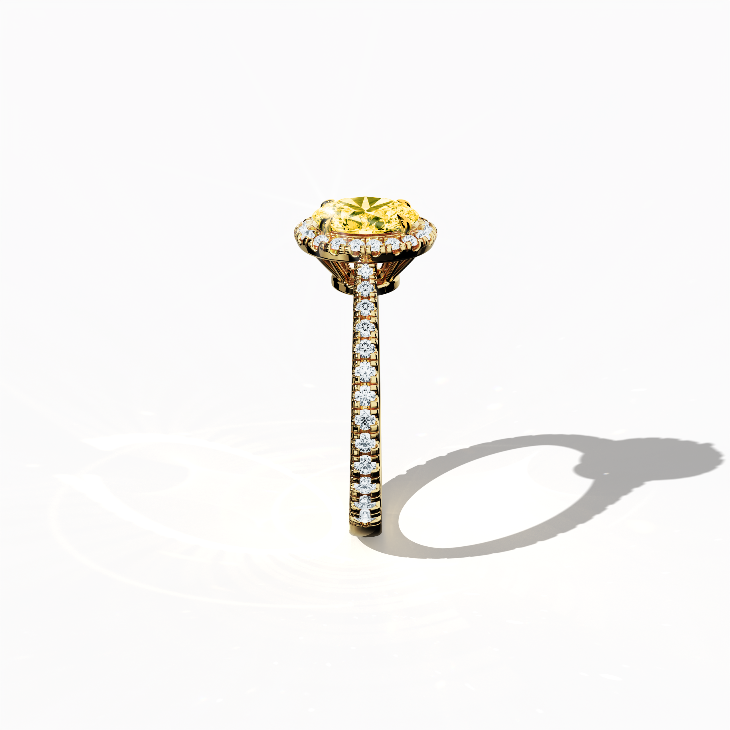 Revealed in a detailed standing side view, this halo paved ring in sumptuous жёлтое золото features a striking 1 carat yellow oval‐cut diamond center, set within a 0.60 carat halo of luminous side stones for a total of 1.60 carats of brilliance. Integrating Classic Halo, Modern Halo, Vintage Halo, Contemporary Halo, and Eternity Halo design influences with oval and brilliant cut accents, its golden, amber‐toned finish radiates vibrant luxury and refined charm. Keywords: создано вручную, sparkle, elegance.