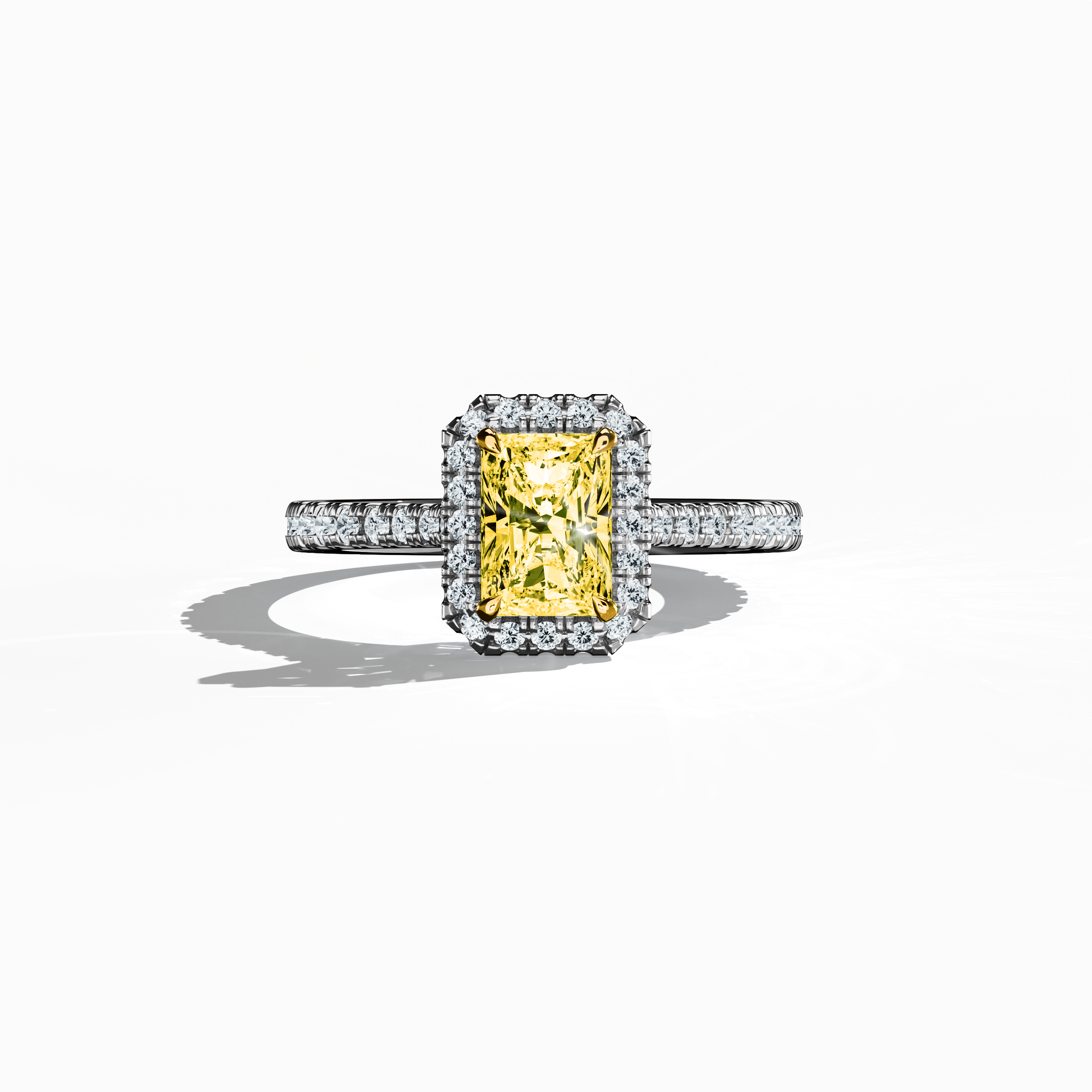 Captured in a serene sleeping front view, this halo paved ring in lustrous white gold features a 1 carat yellow radiant‐cut diamond centerpiece, gracefully encircled by a 0.60 carat halo of scintillating side stones, summing to 1.60 carats of dazzling brilliance. Merging Classic Halo, Modern Halo, Vintage Halo, Contemporary Halo, and Eternity Halo designs with influences of radiant, brilliant, and princess cuts, the ring exhibits an icy, silvery, platinum‐like finish. Keywords: luxury, handcrafted, sparkle,