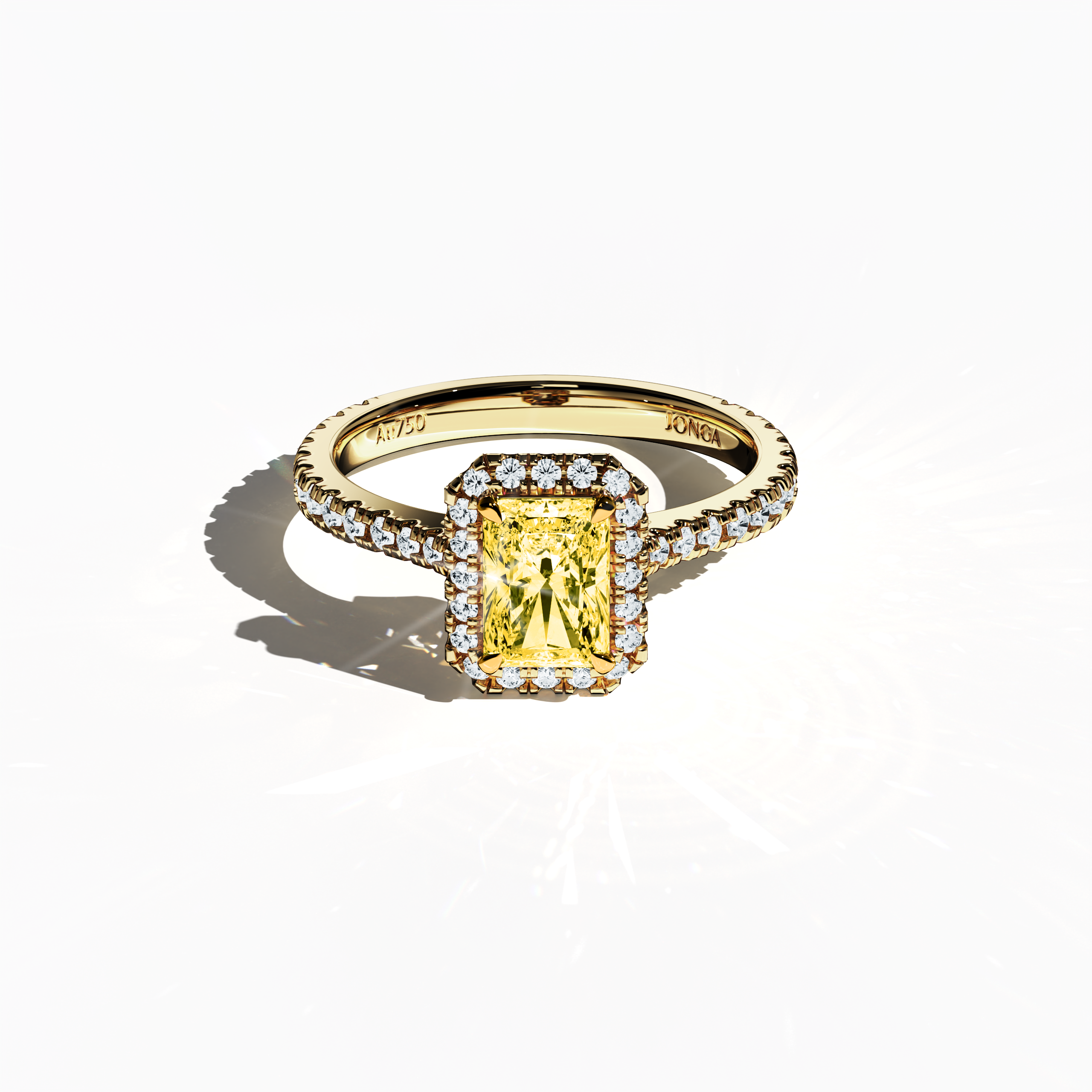 Shown from a gentle sleeping front top view, this exquisite halo paved ring in vibrant жёлтое золото features a mesmerizing 1 carat yellow radiant‐cut diamond center encircled by a 0.60 carat halo of dazzling side stones, totaling 1.60 carats. The design unites Classic Halo, Modern Halo, Vintage Halo, Contemporary Halo, and Eternity Halo styles with inspirations of radiant, brilliant, and oval cuts, enhanced by a golden, amber, sunlit finish. Keywords: elegance, luxury, sparkle, radiant, artisan.