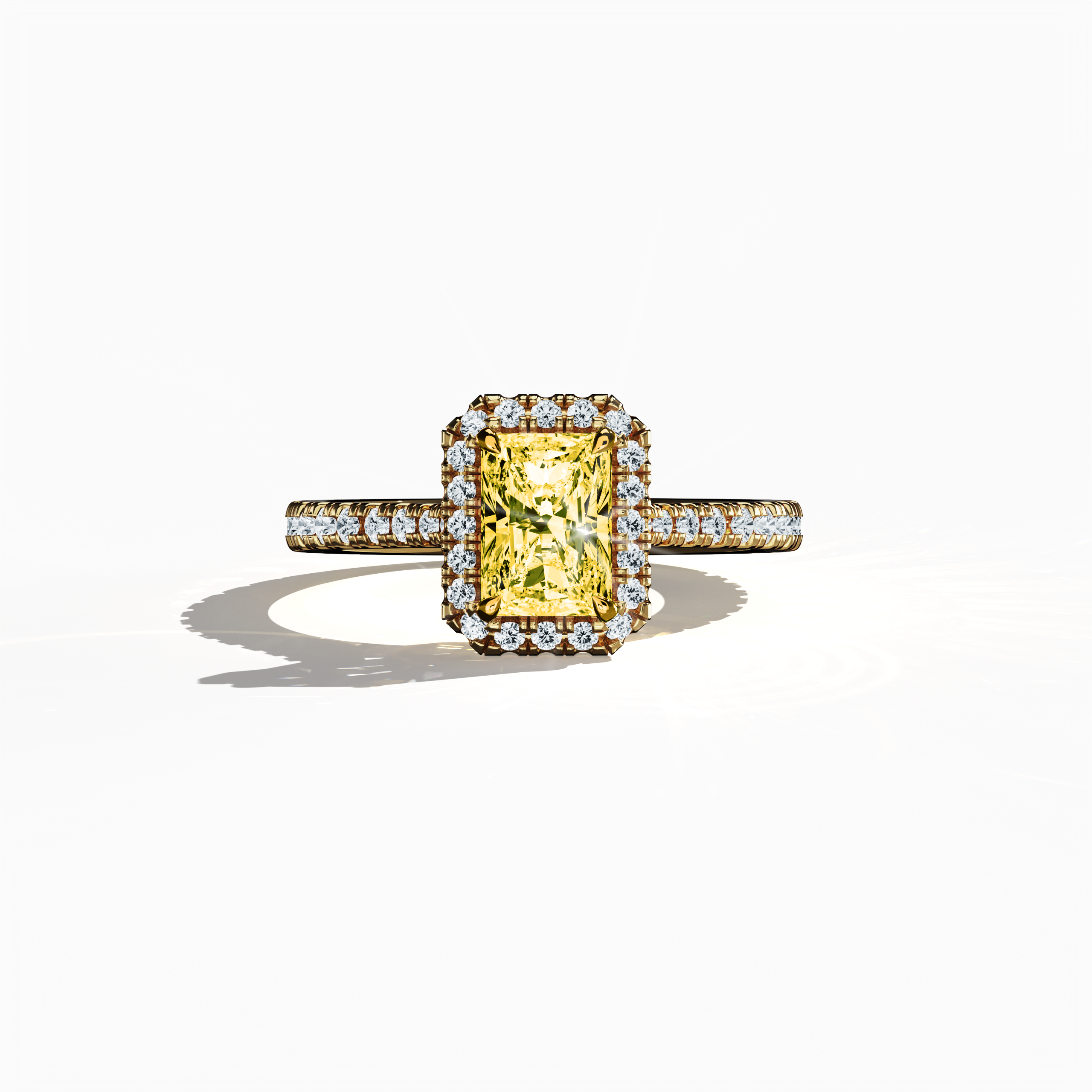 Captured in a serene sleeping front view, this halo paved ring in radiant yellow gold showcases a striking 1 carat yellow radiant‐cut diamond centerpiece, elegantly framed by a 0.60 carat halo of sparkling side stones for a total of 1.60 carats of luminous allure. Merging Classic Halo, Modern Halo, Vintage Halo, Contemporary Halo, and Eternity Halo designs with influences from radiant, brilliant, and princess cuts, the ring exudes a golden, amber, sunlit finish. Keywords: luxury, handcrafted, brilliance, sp