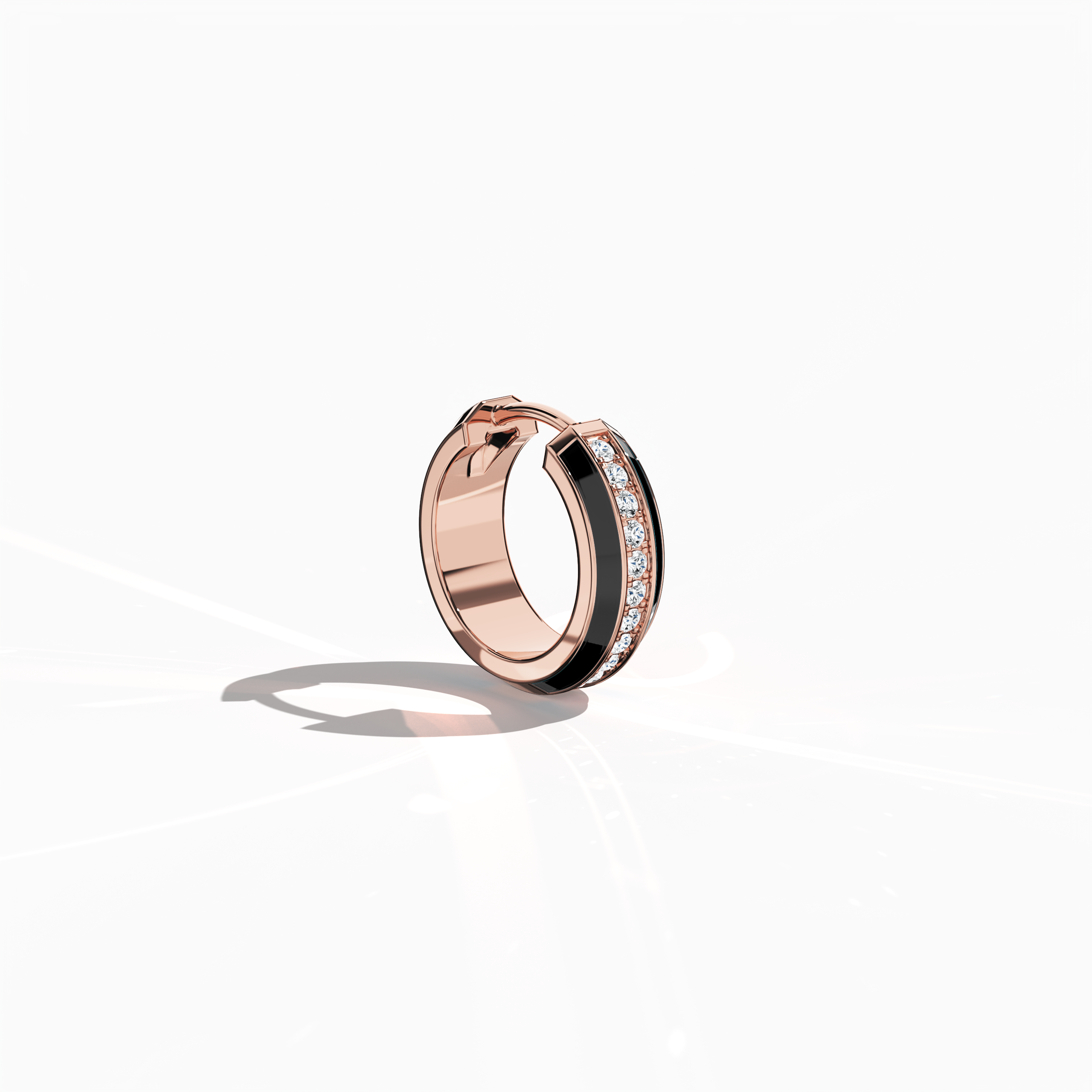 Front side view of Striking black enamel pavé stud earring in розовое золото – a sophisticated ear adornment and premium Украшения/fine Ювелирные изделия accessory that combines a deep black enamel front with shimmering pavé diamond accents on a luxurious розовое золото base.