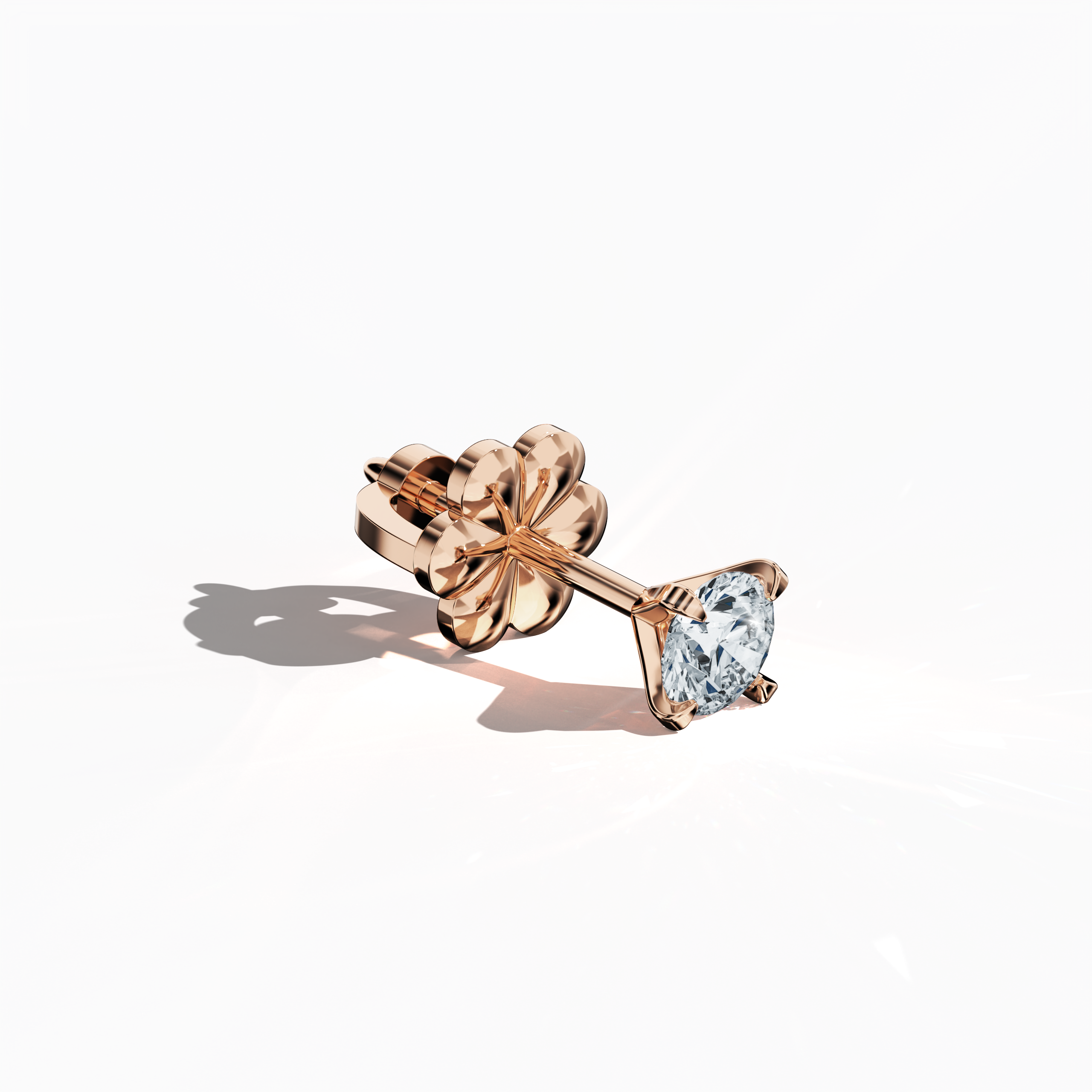 Front top side view of 0.60 carat natural diamond earring in 18k розовое золото with nail prong setting; diamond stud, 0.60ct solitaire diamond, luxury fine Украшения/fine Ювелирные изделия ear accessory.