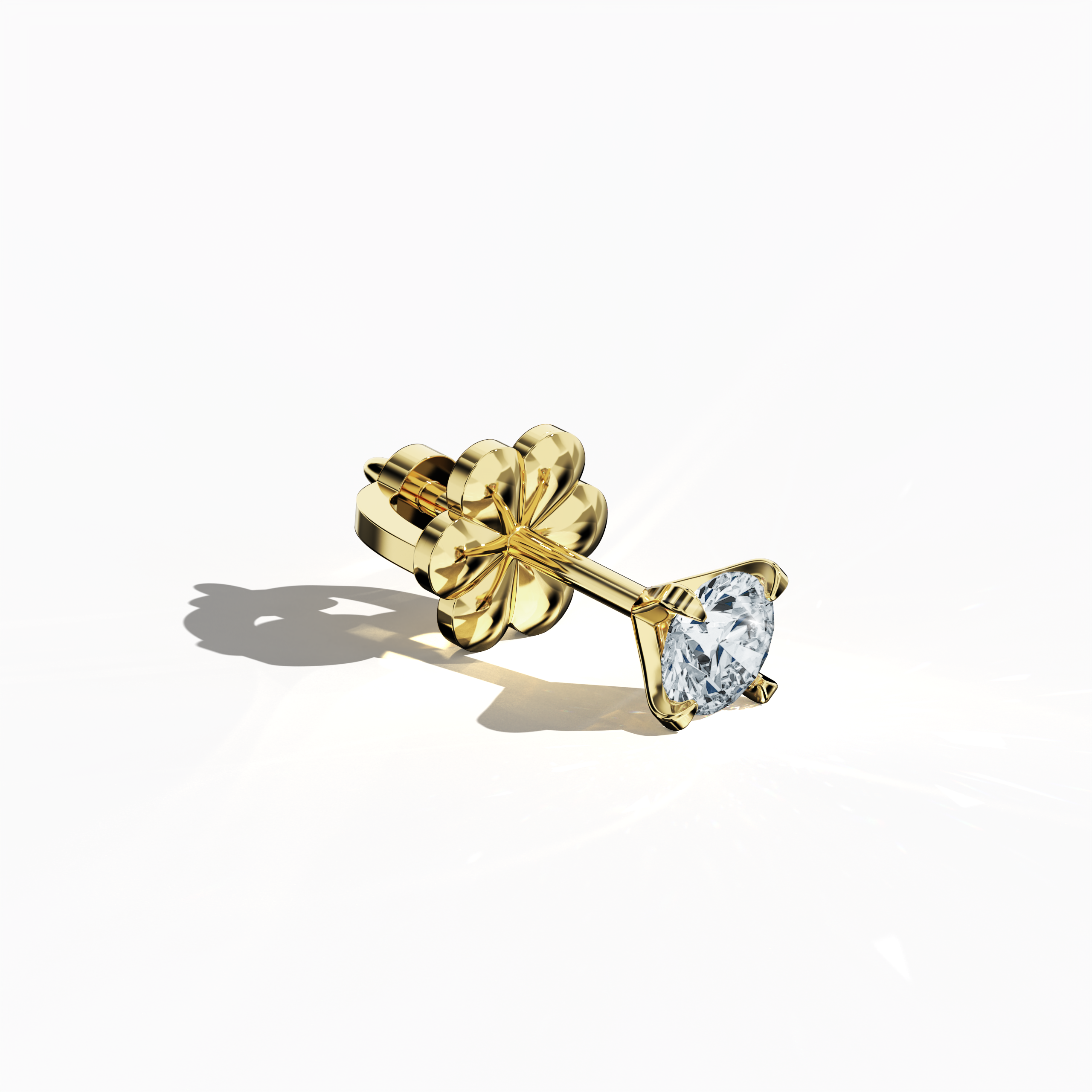 Front top side view of 0.60 carat natural diamond earring in 18k жёлтое золото with nail prong setting; diamond stud, 0.60ct solitaire diamond, luxury fine Украшения/fine Ювелирные изделия ear accessory.
