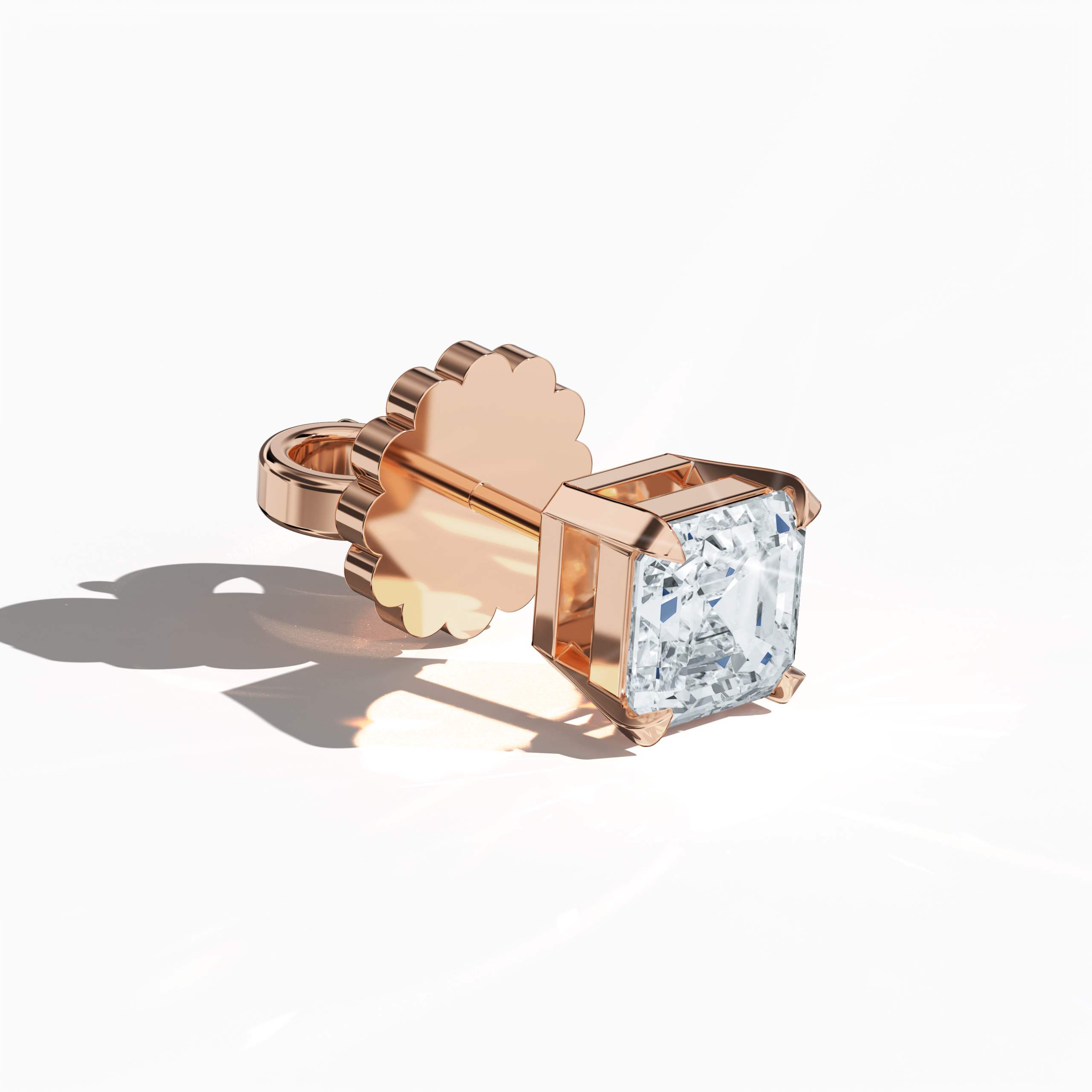 Front top side view of 1-carat natural diamond earring in 18k розовое золото with nail prong setting; features an Asscher cut diamond (also referred to as square emerald cut or step cut diamond in certain markets) – luxury fine Украшения/fine Ювелирные изделия ear accessory.
