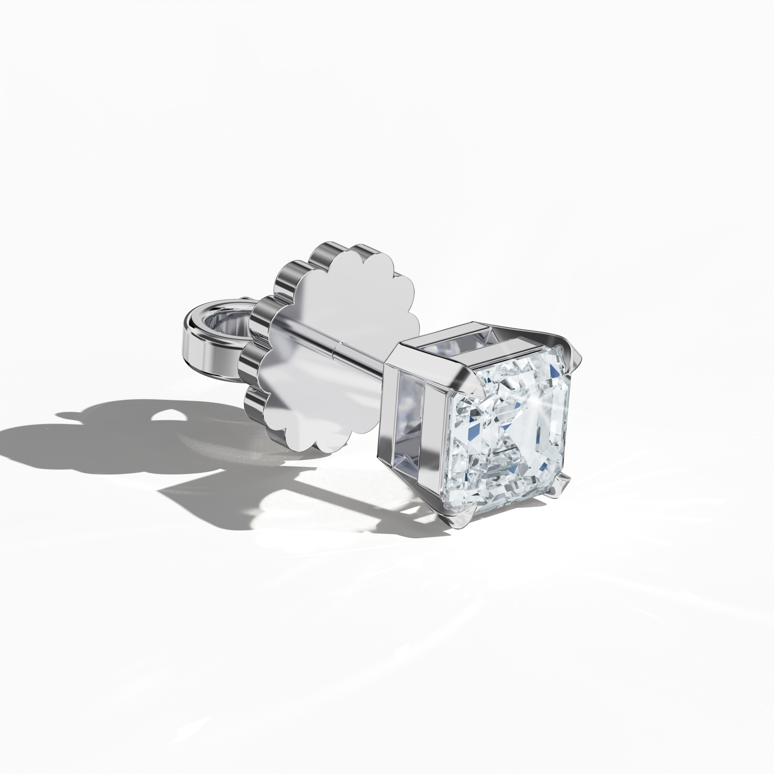 Front top side view of 1-carat natural diamond earring in 18k белое золото with nail prong setting; features an Asscher cut diamond (also referred to as square emerald cut or step cut diamond in certain markets) – luxury fine Украшения/fine Ювелирные изделия ear accessory.