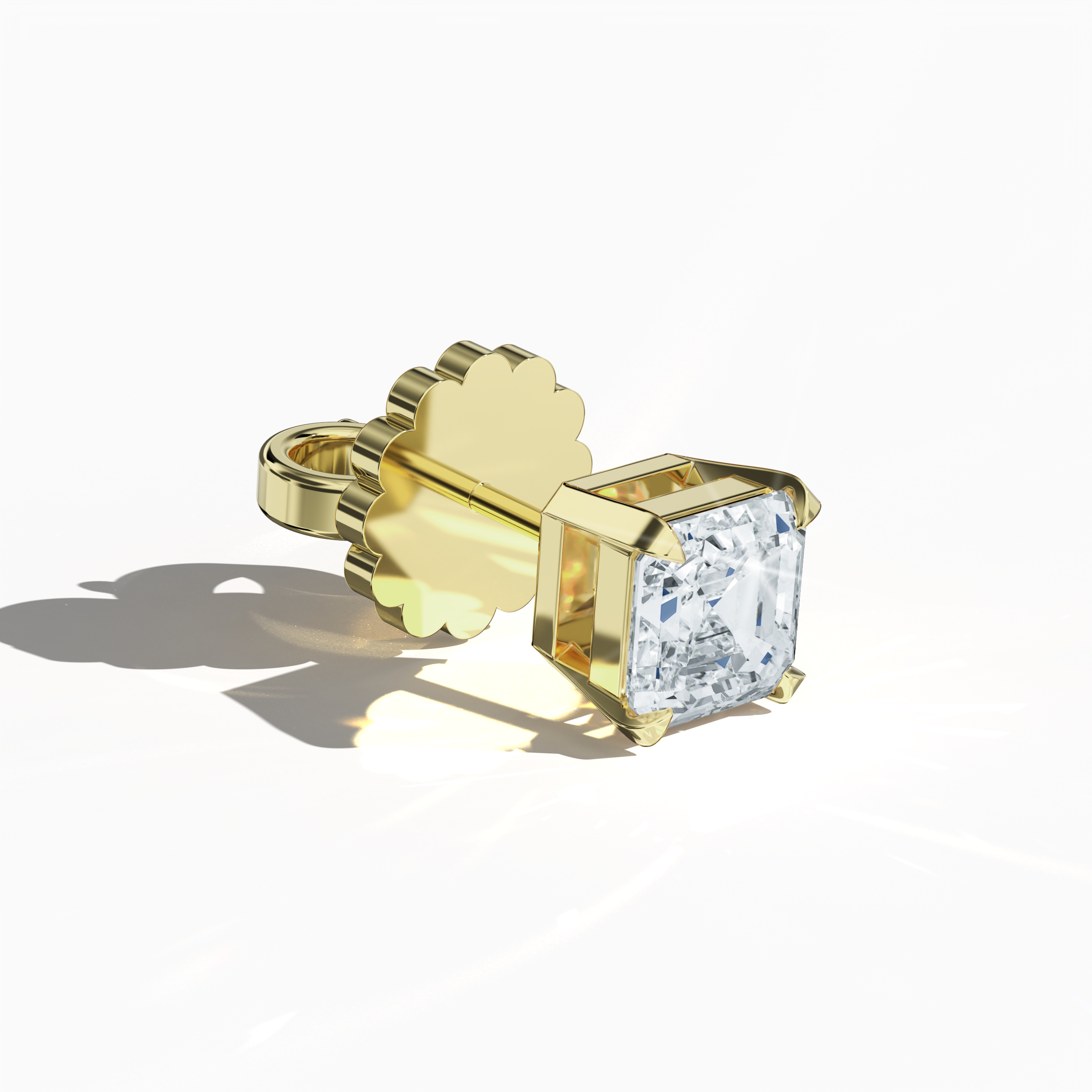 Front top side view of 1-carat natural diamond earring in 18k жёлтое золото with nail prong setting; features an Asscher cut diamond (also referred to as square emerald cut or step cut diamond in certain markets) – luxury fine Украшения/fine Ювелирные изделия ear accessory.