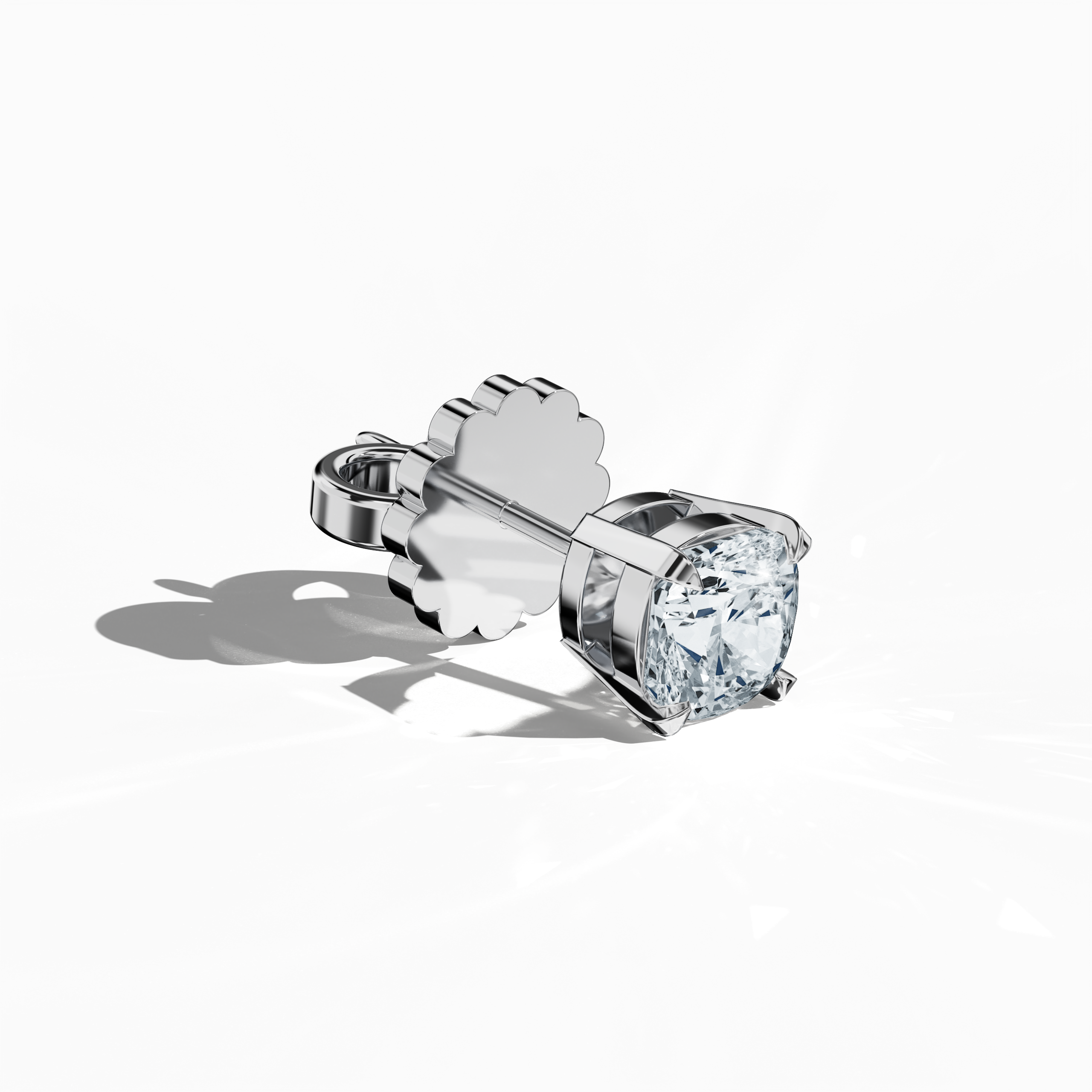 Front top side view of 1-carat natural diamond earring in 18k белое золото with nail prong setting; features a cushion cut diamond (also known as cushion brilliant or pillow cut diamond in various regions) – luxury fine Украшения/fine Ювелирные изделия ear accessory.