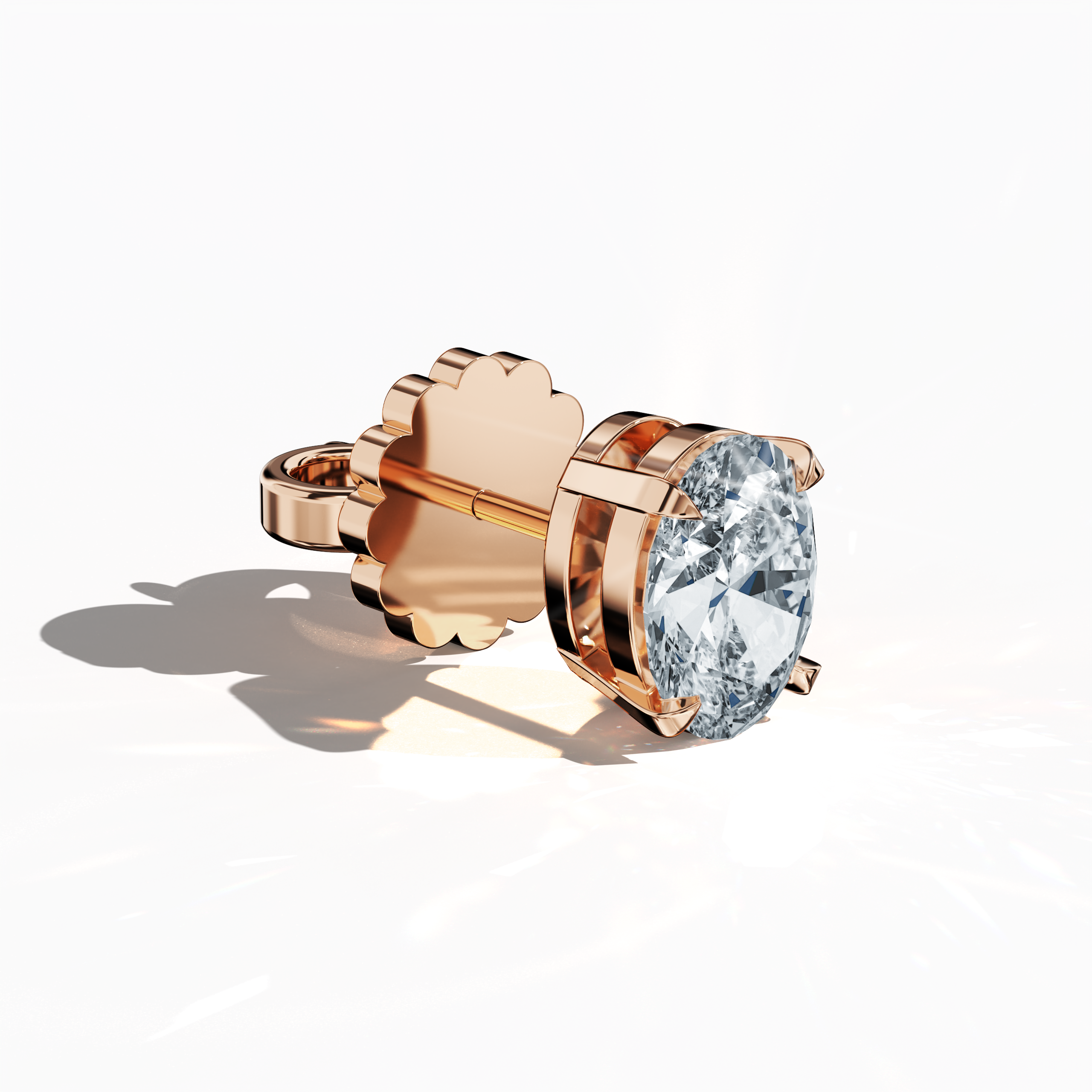 Front top side view of 1-carat natural diamond earring in 18k розовое золото with nail prong setting; features an oval cut diamond (also known as oval brilliant or elongated oval in some regions) – luxury fine Украшения/fine Ювелирные изделия ear accessory.