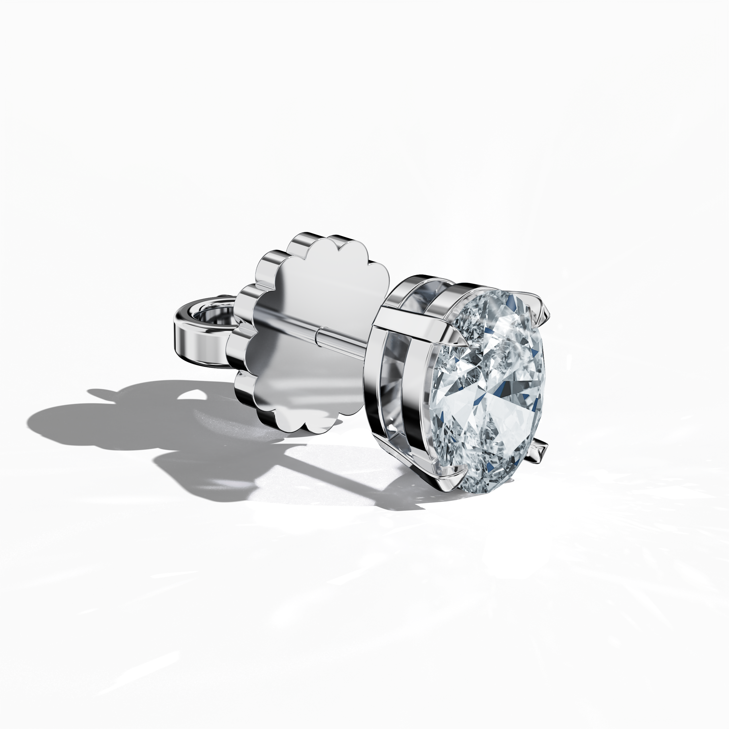 Front top side view of 1-carat natural diamond earring in 18k белое золото with nail prong setting; features an oval cut diamond (also known as oval brilliant or elongated oval in some regions) – luxury fine Украшения/fine Ювелирные изделия ear accessory.