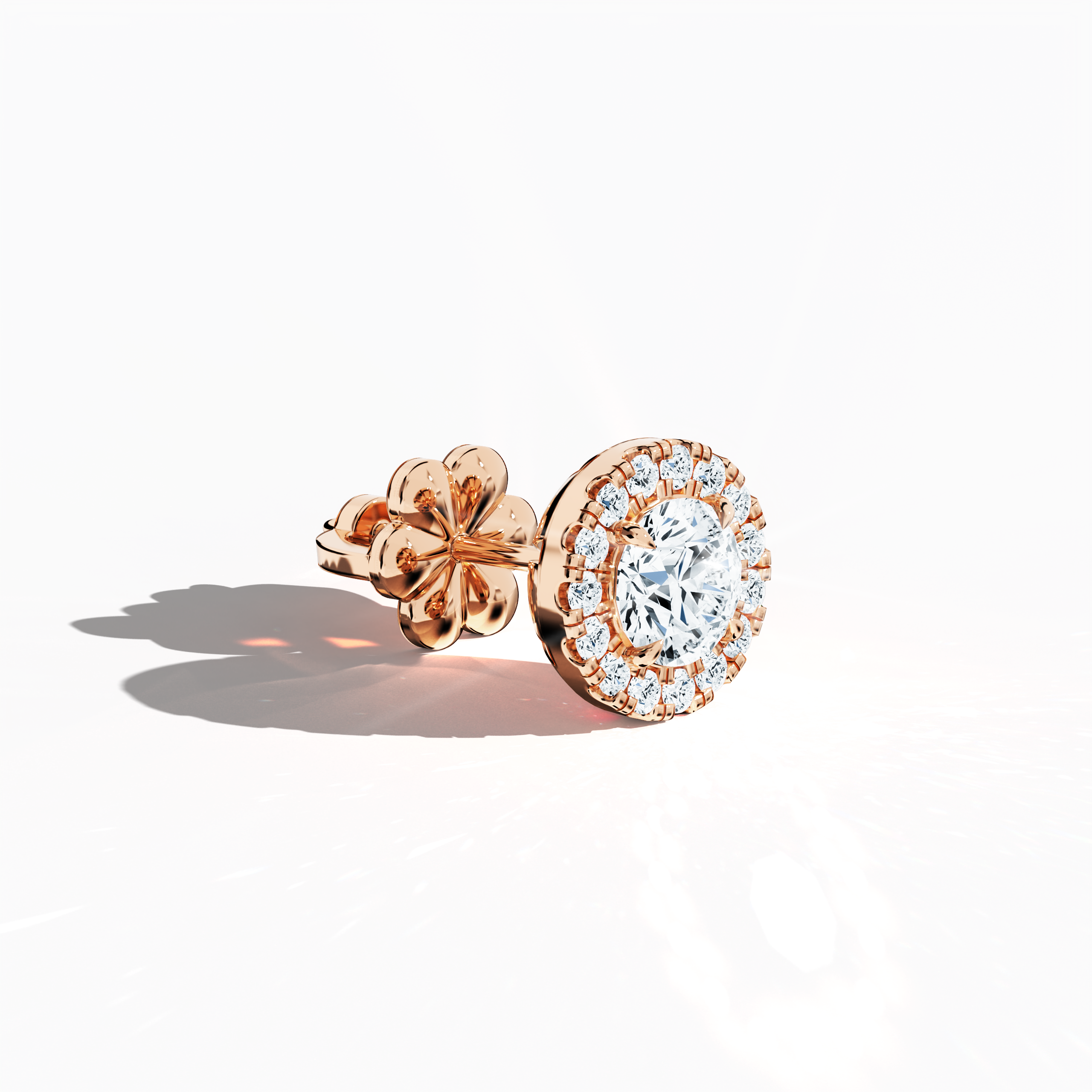 Front top side view of 1.30 carat natural diamond eternity halo earrings in nail prong/ claw settings with flower butterfly screw lock in 18k розовое золото.