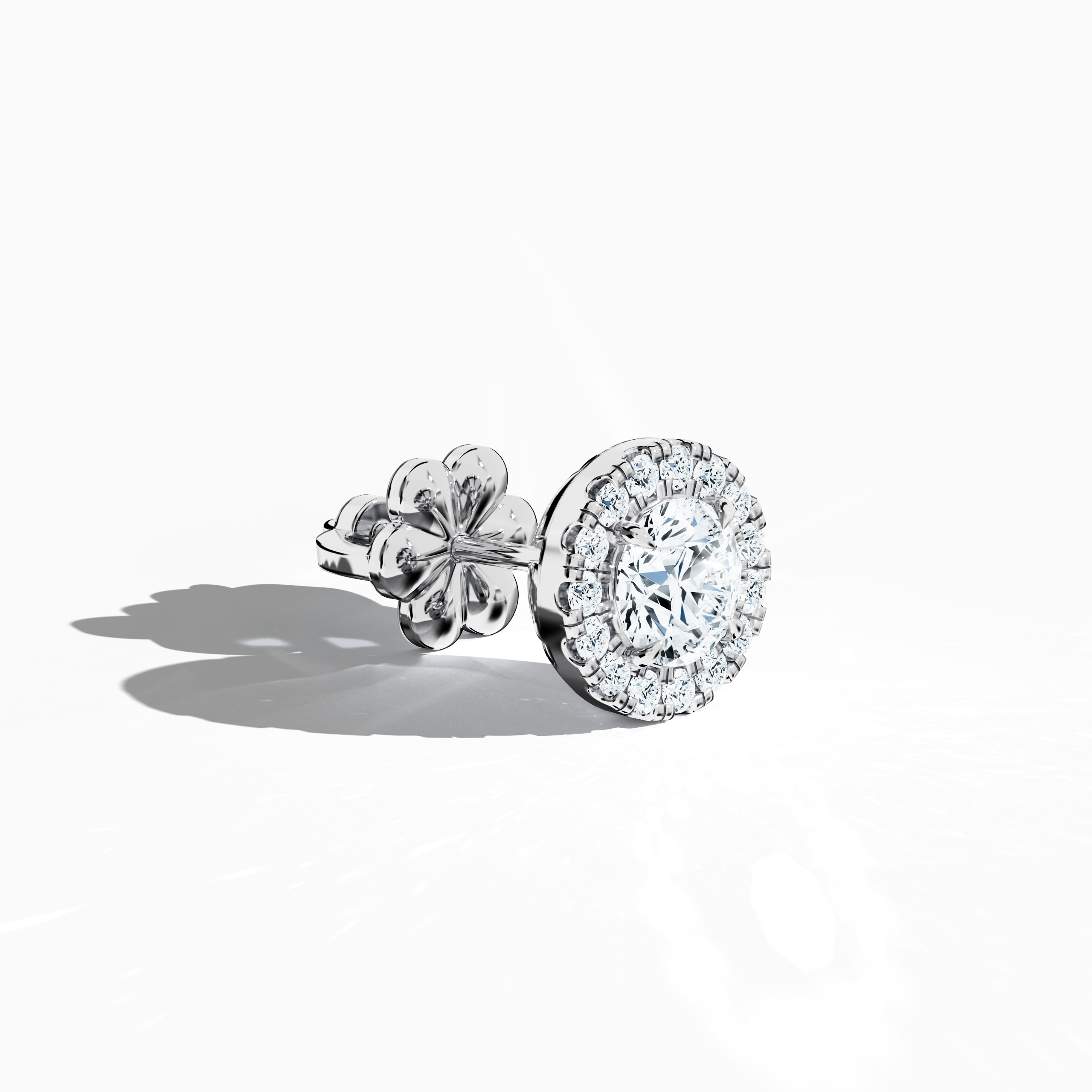 Front top side view of 1.30 carat natural diamond eternity halo earrings in nail prong/ claw settings with flower butterfly screw lock in 18k белое золото.