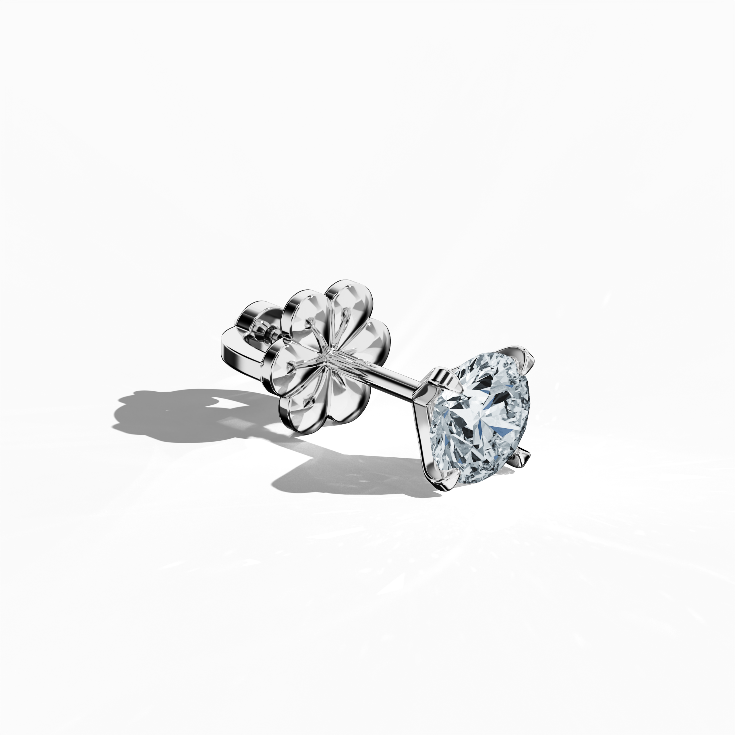 Front top side view of 1 carat natural diamond earring in 18k белое золото with nail prong setting; diamond stud, 1ct solitaire diamond, luxury fine Украшения/fine Ювелирные изделия ear accessory.