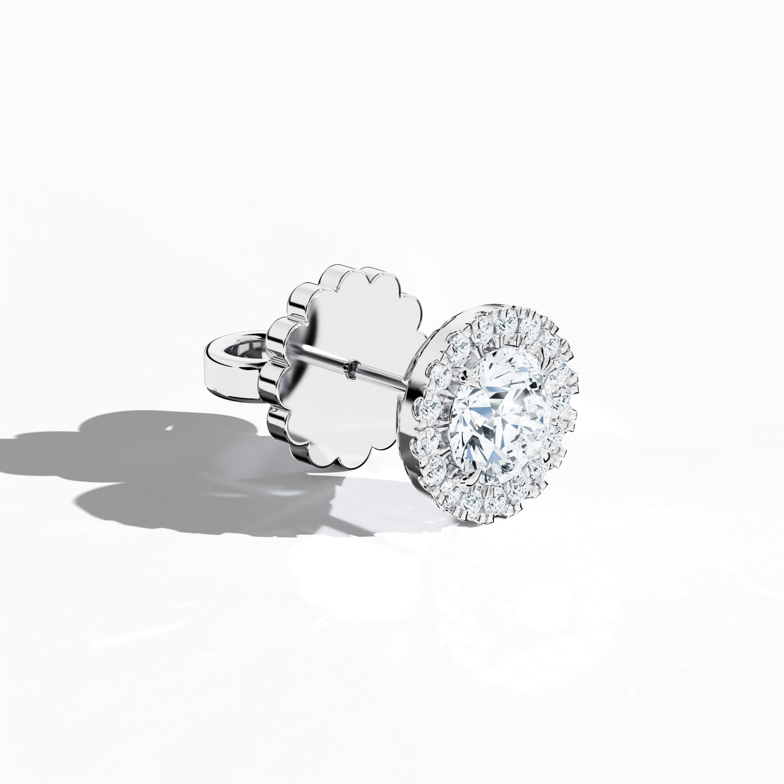 Front top side view of 2.40 carat natural diamond eternity halo earrings in nail prong/ claw settings with flower butterfly screw lock in 18k белое золото.