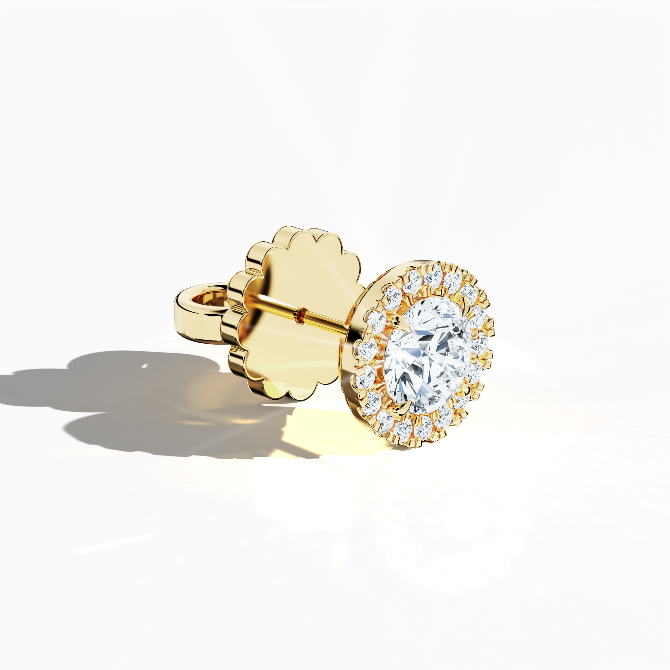 Front top side view of 2.40 carat natural diamond eternity halo earrings in nail prong/ claw settings with flower butterfly screw lock in 18k жёлтое золото.