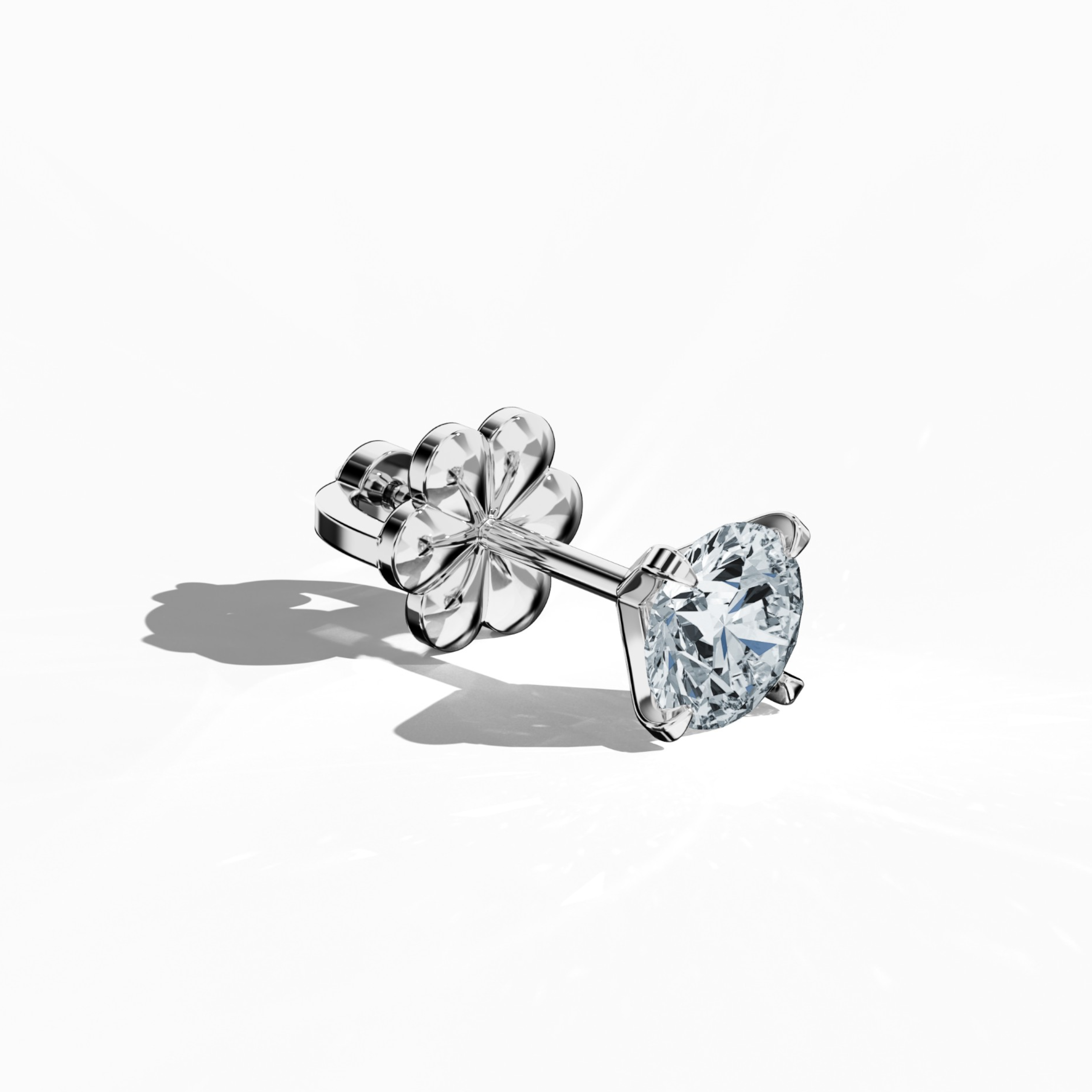 Front top side view of 2 carat natural diamond earring in 18k белое золото with nail prong setting; diamond stud, 2ct solitaire diamond, luxury fine Украшения/fine Ювелирные изделия ear accessory.