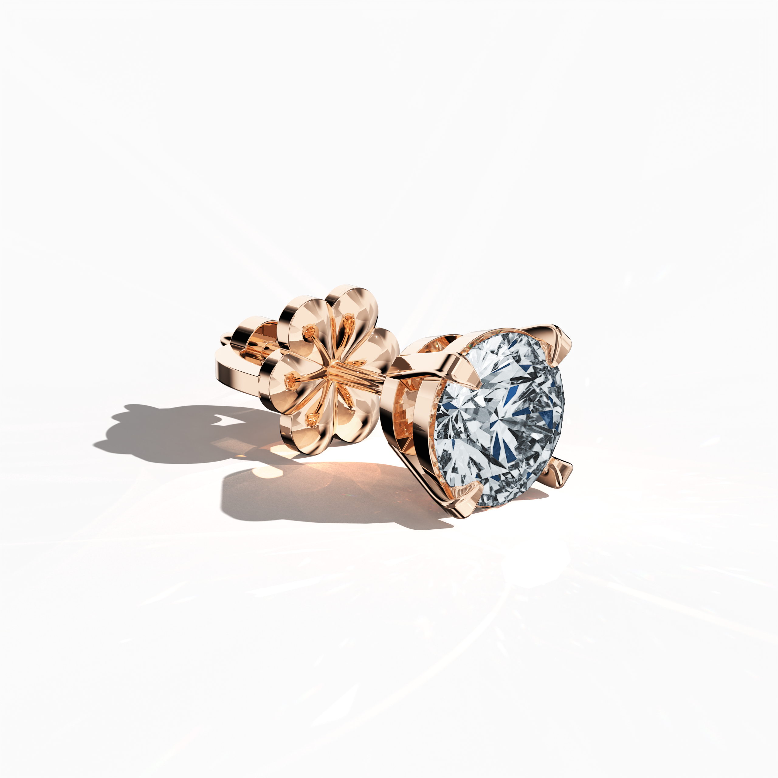 Front top side view of 2 carat natural diamond stud earrings in classic basket and Nail Prong/claw settings, crafted in 18k розовое золото.