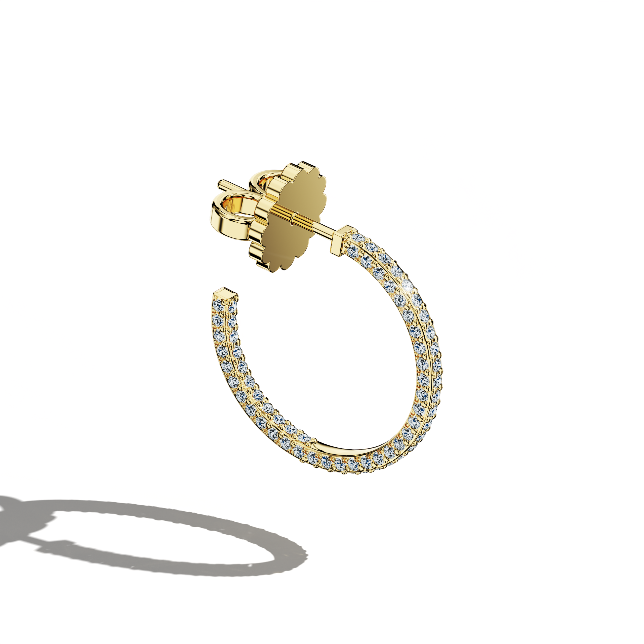 Front top side view of 3‑row 16 мм жёлтое золото diamond hoop earrings – classic diamond hoops and refined Украшения/fine Ювелирные изделия ear rings boasting three rows of sparkling diamonds in a 16 мм жёлтое золото design for a bold yet graceful effect.