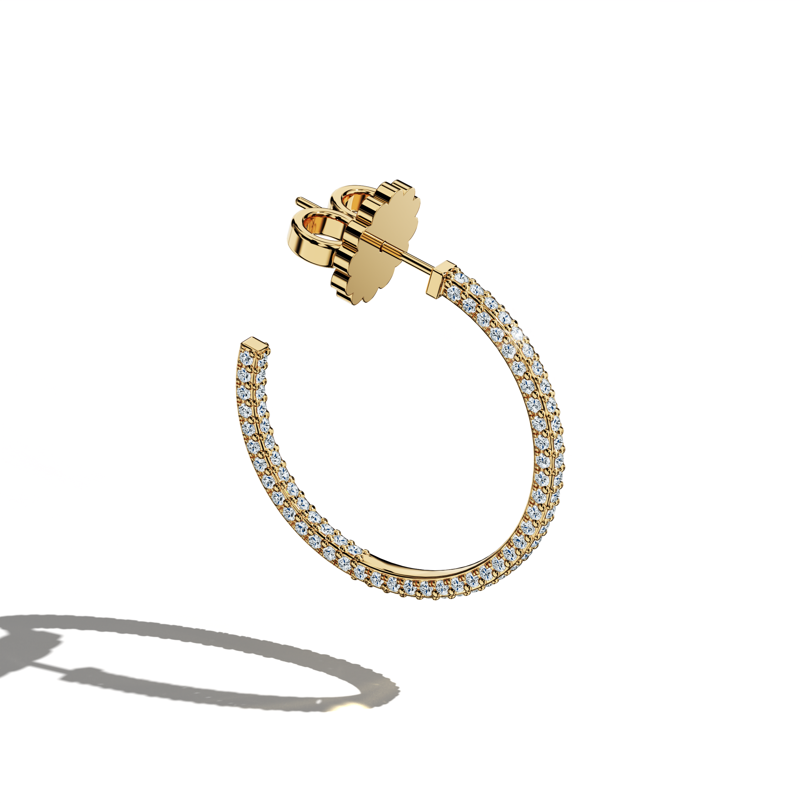 Front top side view of 3‑row 20 мм жёлтое золото diamond hoop earrings – striking diamond hoops and premium Украшения/fine Ювелирные изделия ear adornments featuring three rows of sparkling diamonds in a 20 мм жёлтое золото design, offering bold glamour.