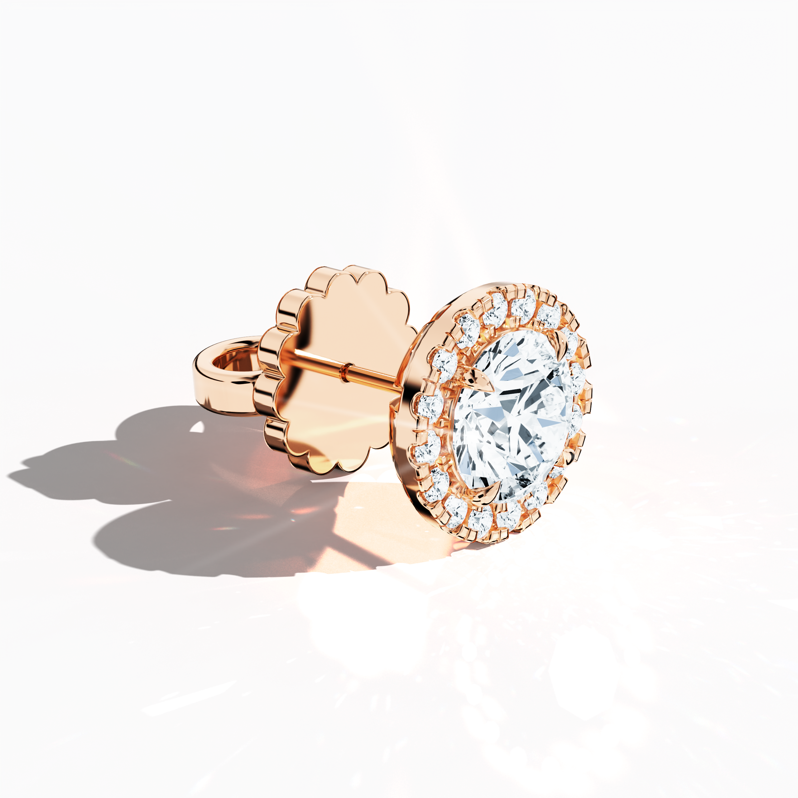 Front top side view of 4.40 carat natural diamond eternity halo earrings in nail prong/ claw settings with flower butterfly screw lock in 18k розовое золото.
