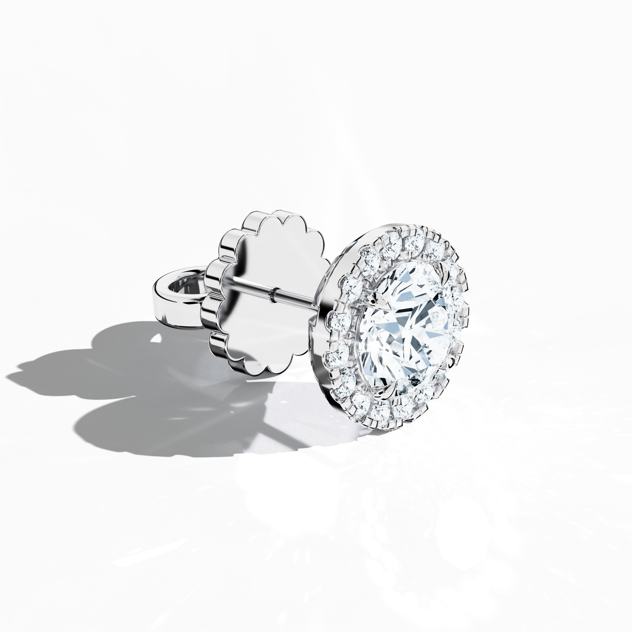 Front top side view of 4.40 carat natural diamond eternity halo earrings in nail prong/ claw settings with flower butterfly screw lock in 18k белое золото.