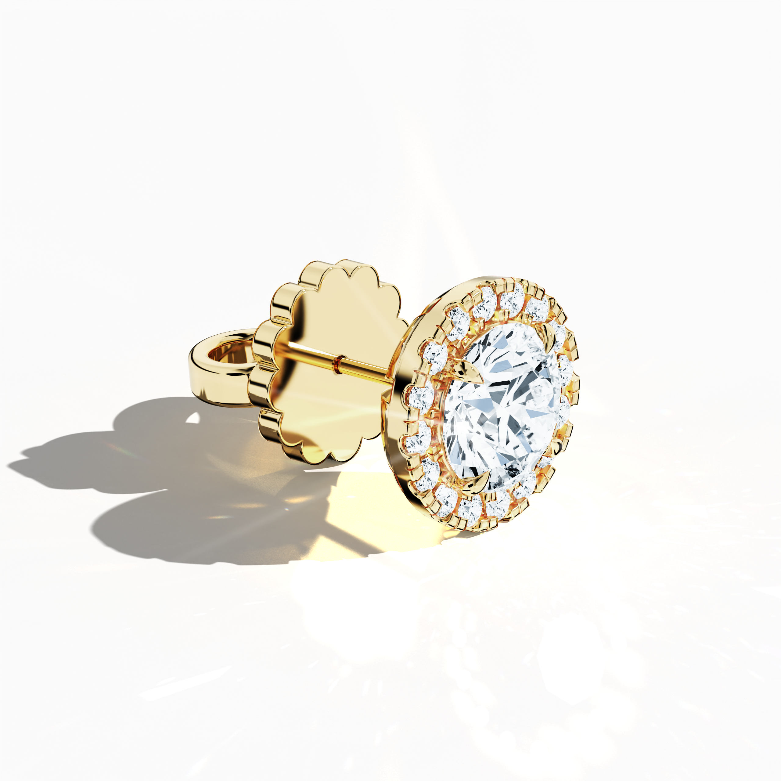 Front top side view of 4.40 carat natural diamond eternity halo earrings in nail prong/ claw settings with flower butterfly screw lock in 18k жёлтое золото.