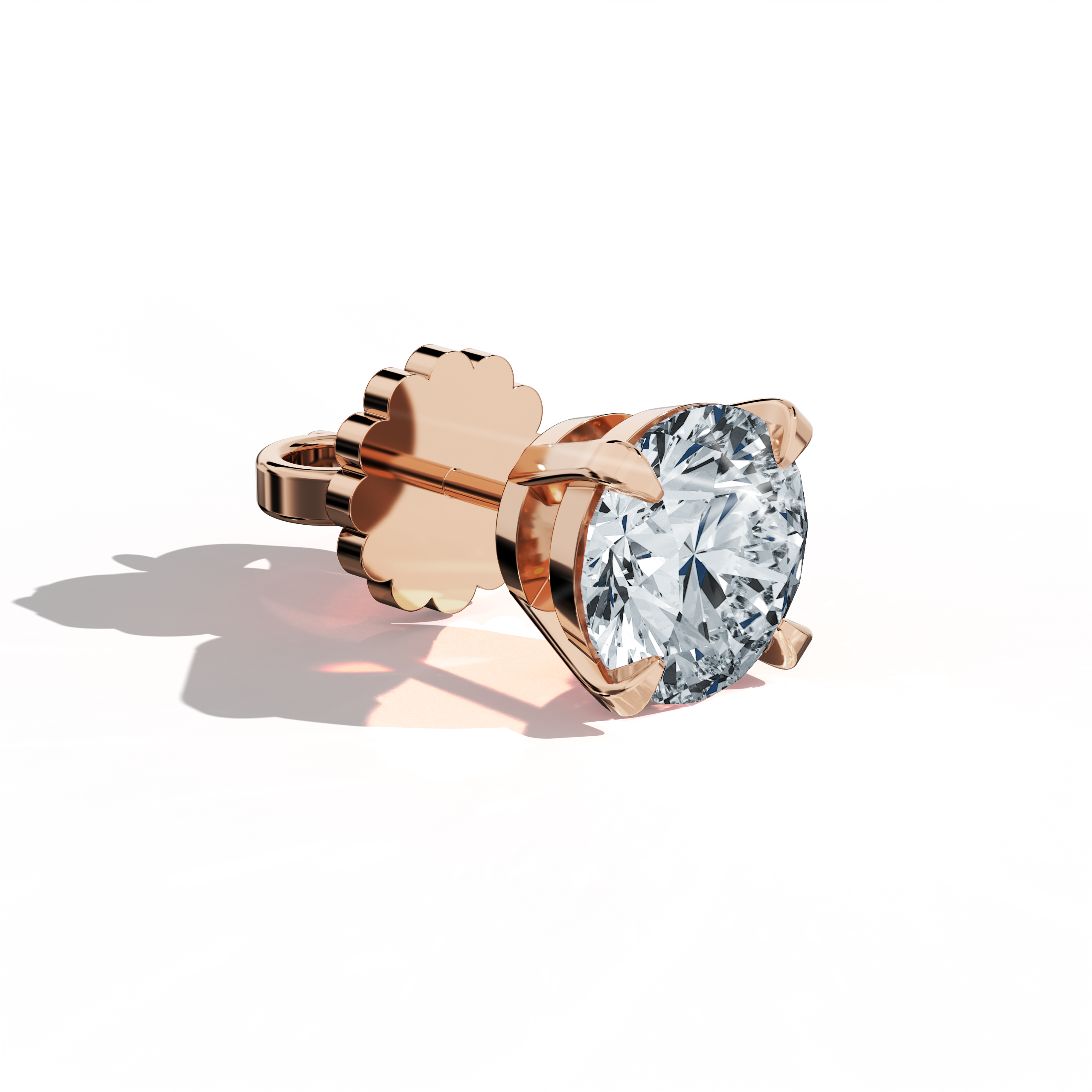 Front top side view of 4 carat natural diamond stud earrings in classic basket and Nail Prong/claw settings, crafted in 18k розовое золото.