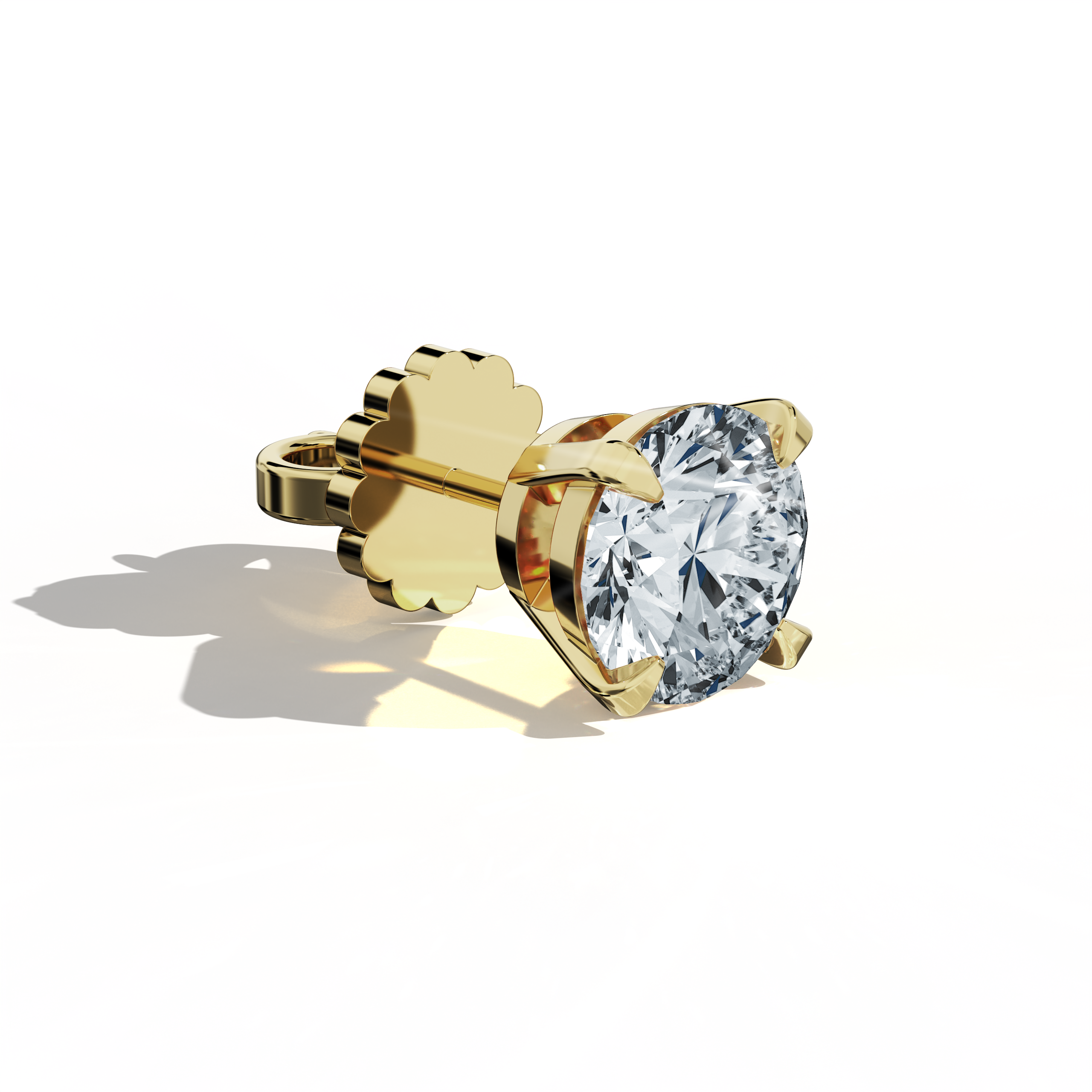 Front top side view of 4 carat natural diamond stud earrings in classic basket and Nail Prong/claw settings, crafted in 18k жёлтое золото.