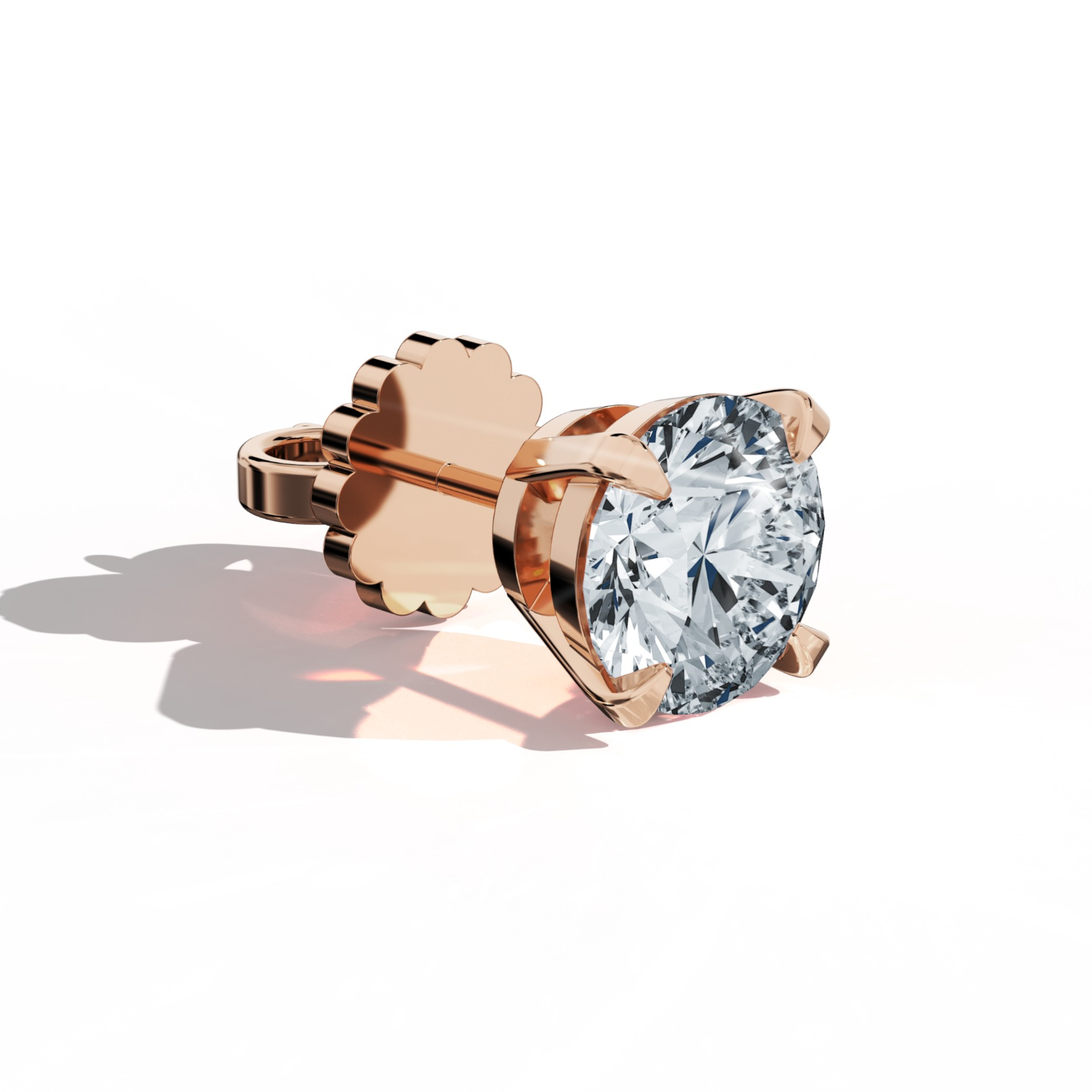 Front top side view of 6 carat natural diamond stud earrings in classic basket and Nail Prong/claw settings, crafted in 18k розовое золото.