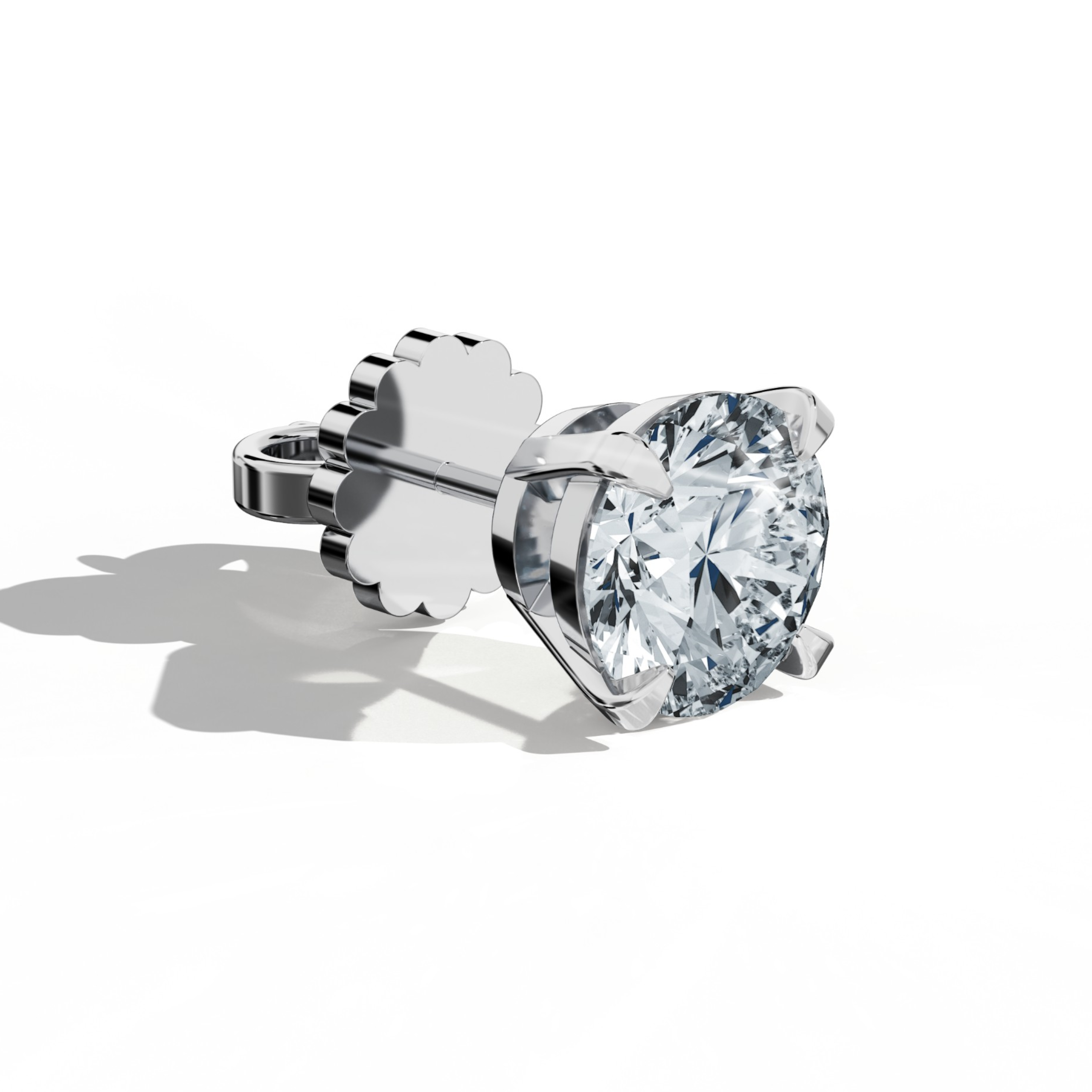 Front top side view of 6 carat natural diamond stud earrings in classic basket and Nail Prong/claw settings, crafted in 18k белое золото.