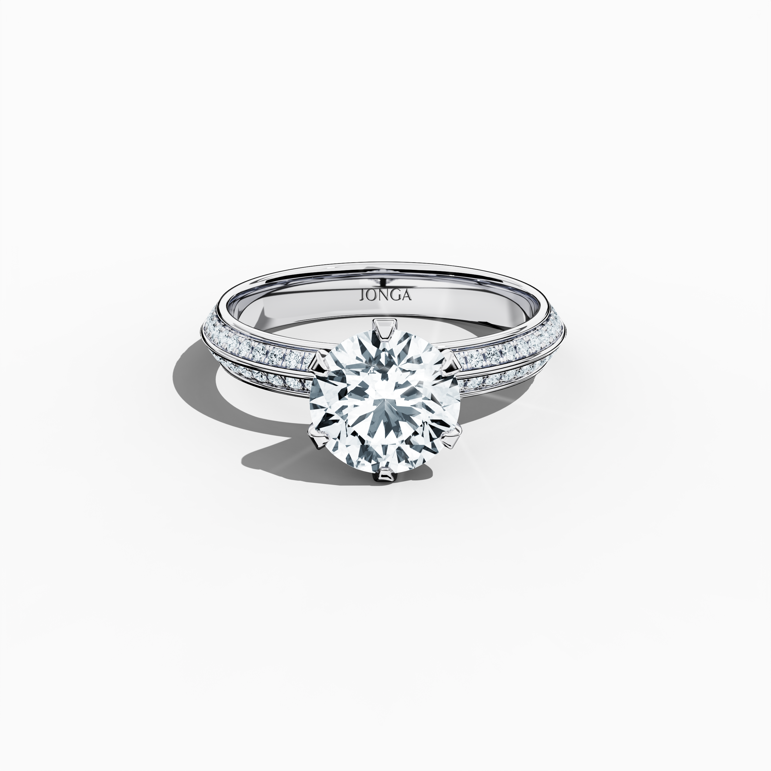 Elegant 2.40 ct diamond ring in a six‑prong baby claw setting with a pavé band—comprising a 2 ct center stone and 0.40 ct side stones—rendered in silvery white gold with a dual‑tier, step‑accented band. Captured from a front top view, this fine jewelry/fine jewellery ring highlights its refined pavé detailing and exceptional sparkle.