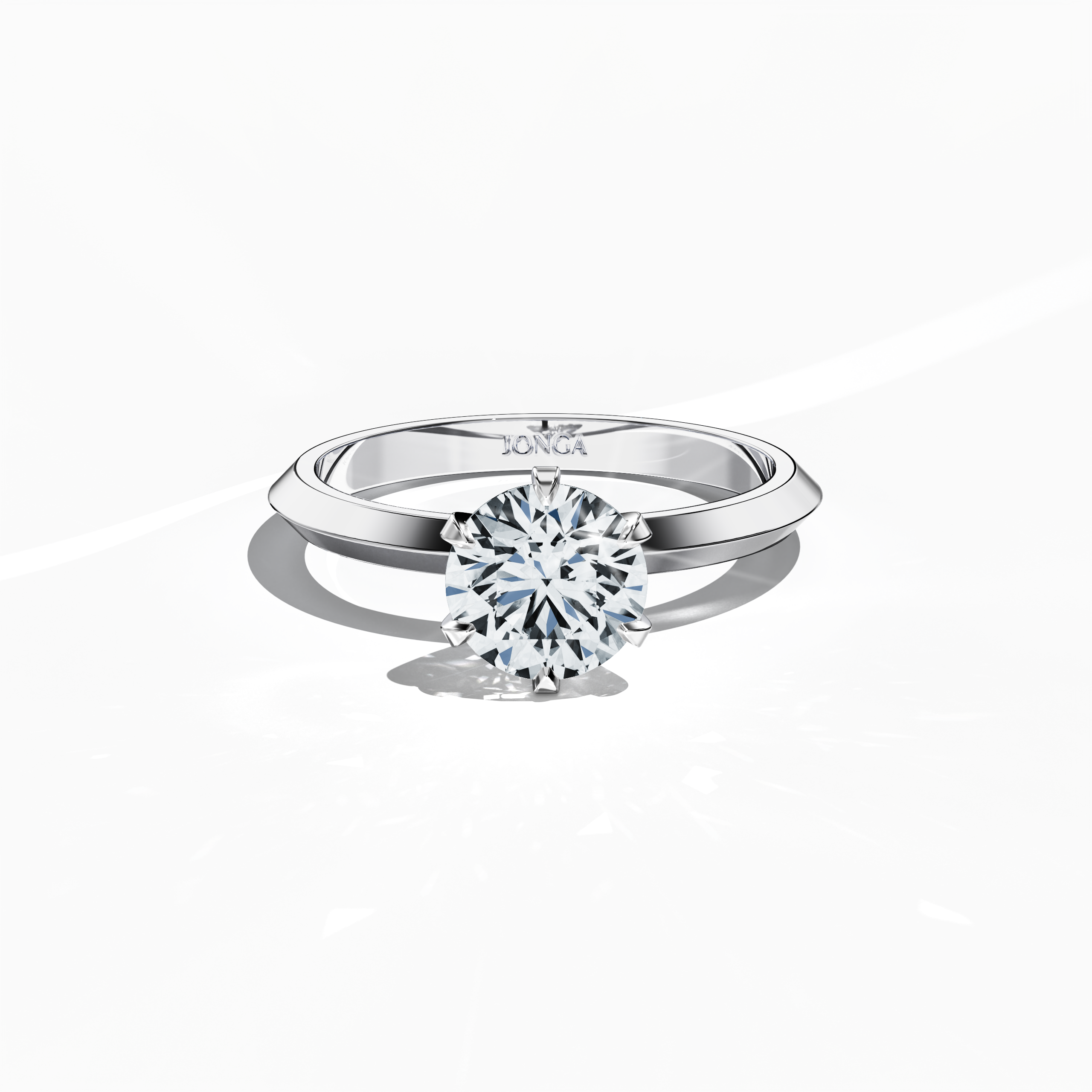 Solitaire ring featuring a 1 carat diamond secured by six delicate claw prongs in белое золото with a two-tier band marked by a crisp central line, shown from a front top view to emphasize its sleek profile and sparkling center stone—a modern fine Украшения/fine Ювелирные изделия accessory.