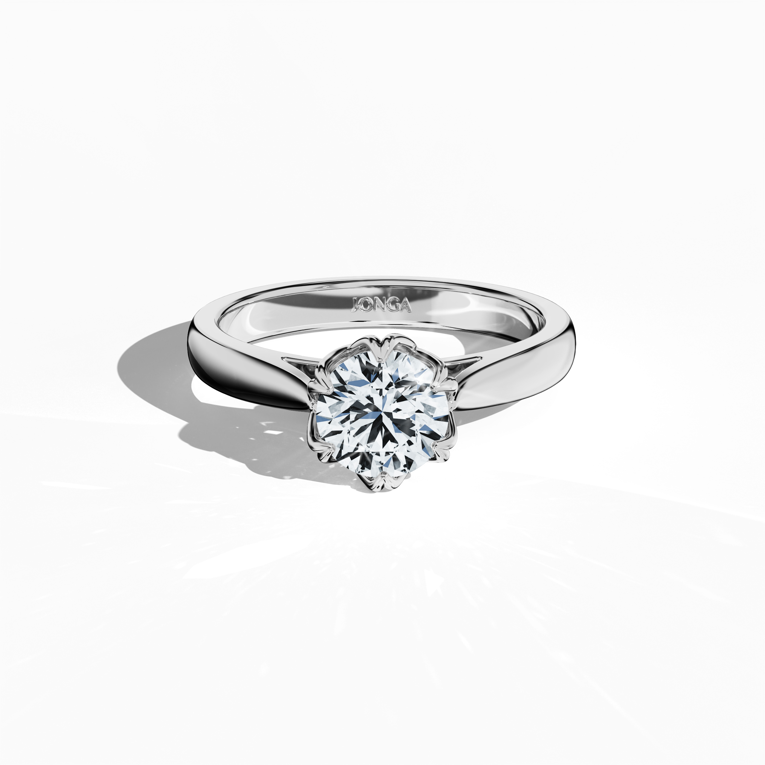 Elegant 1‑carat lotus solitaire ring with a 1‑carat center diamond in a lotus‑inspired design, secured by six uniform prongs and a twisted band, all in bright белое золото. Captured from a sleeping front top view, this fine Украшения/fine Ювелирные изделия ring emphasizes its clean lines and contemporary, radiant appeal.