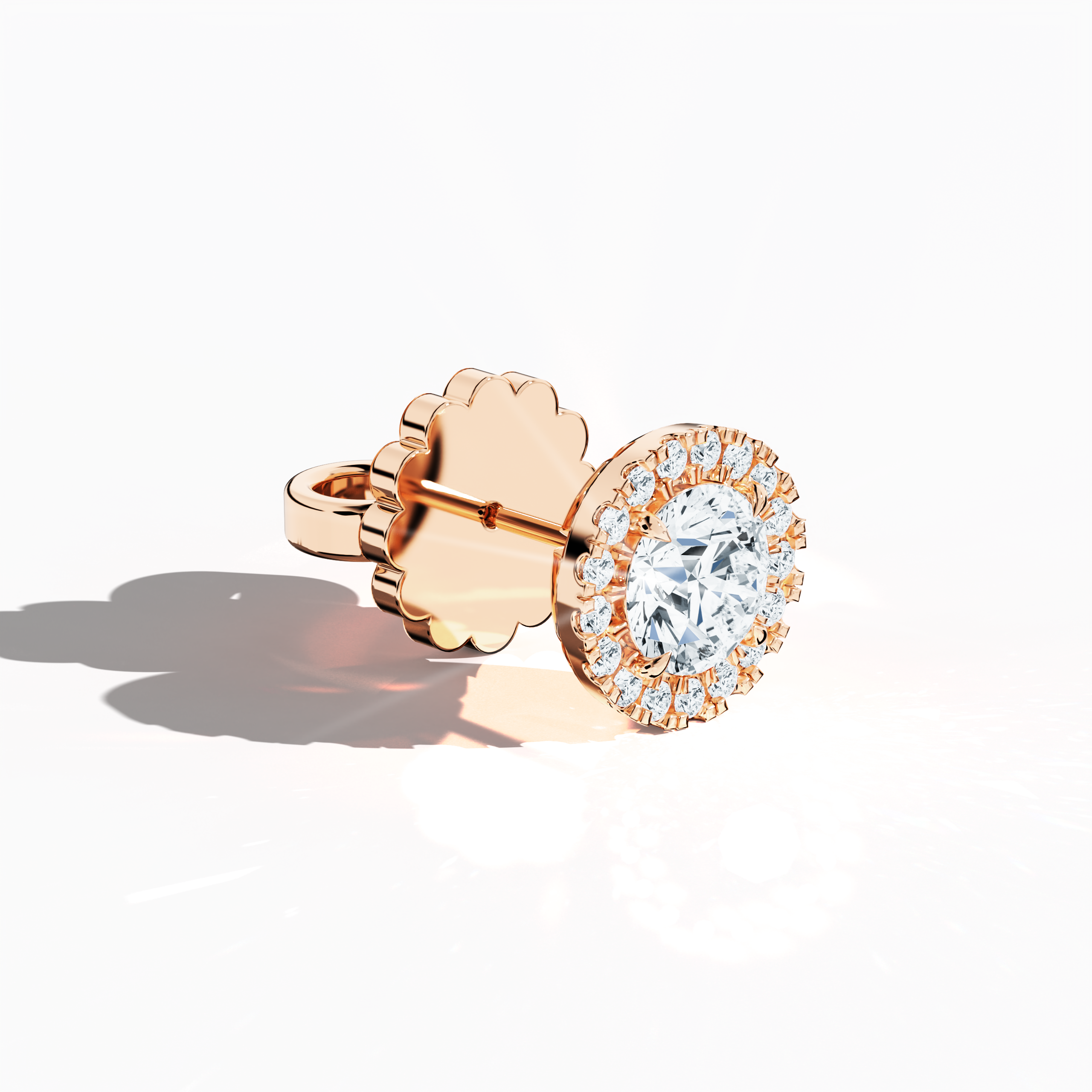 Front top view of 2.40 carat natural diamond eternity halo earrings in nail prong/ claw settings with flower butterfly screw lock in 18k розовое золото.