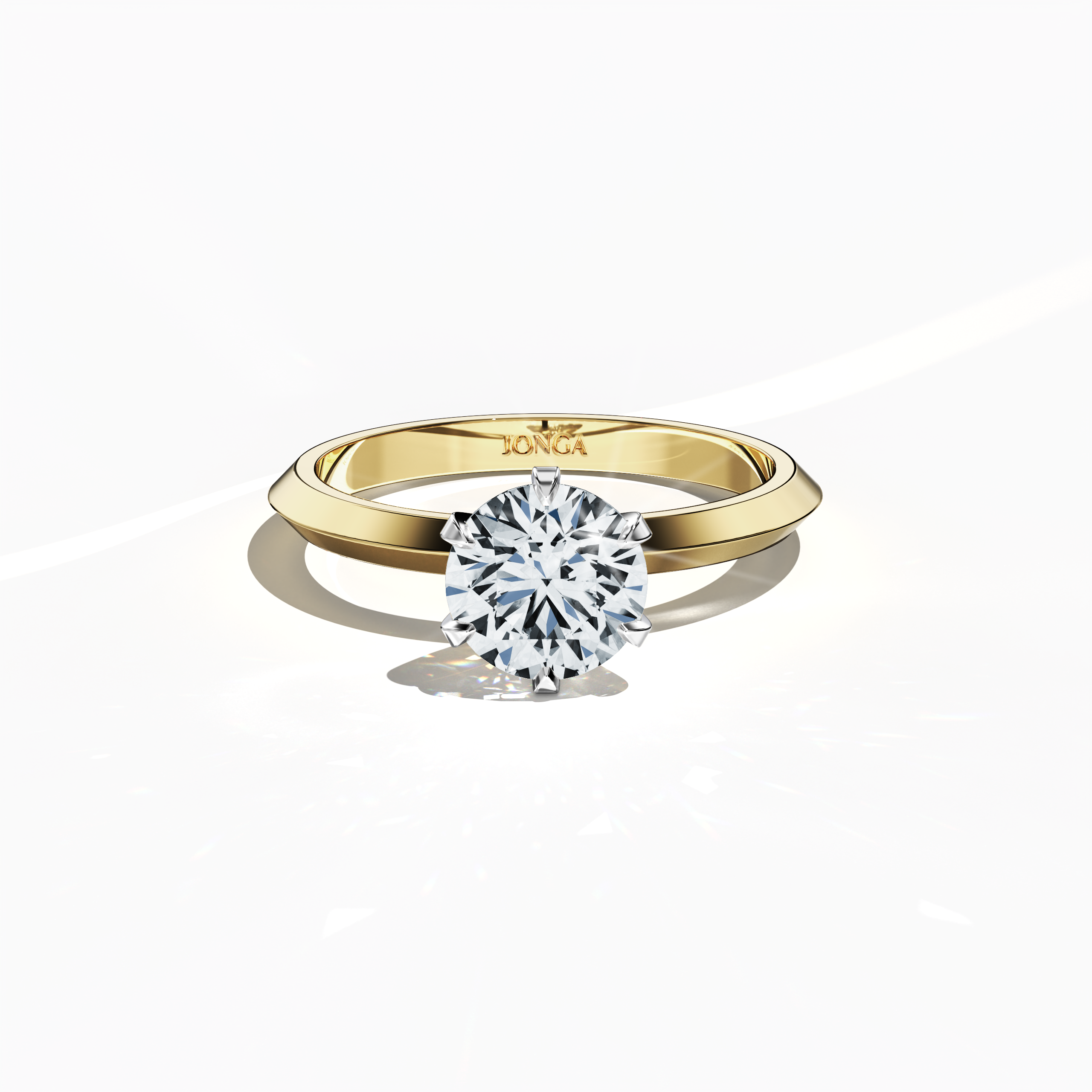 Elegant solitaire ring featuring a 1 carat diamond in a six-baby claw prong setting with a two-tier band marked by a defined central line, set in a rich жёлтое золото band (classic gold). Shown from a front top view, this striking diamond ring stands out as a refined fine Украшения/fine Ювелирные изделия accessory.