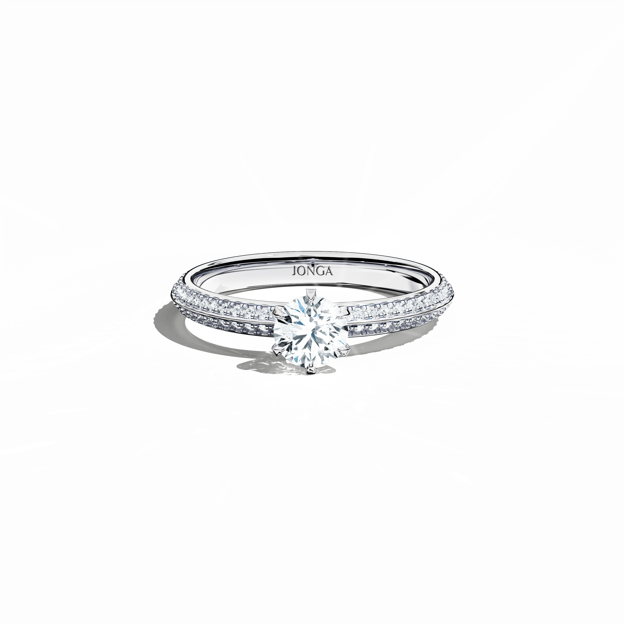 Elegant 0.90ct diamond ring in a six‑prong baby claw setting with a pavé band – comprising a 0.50 карат center stone and 0.40 карат side stones – rendered in silvery белое золото with a dual‑tier, step‑accented band. Captured from a front top view, this fine Украшения/fine Ювелирные изделия ring highlights its contemporary pavé setting and brilliant sparkle.