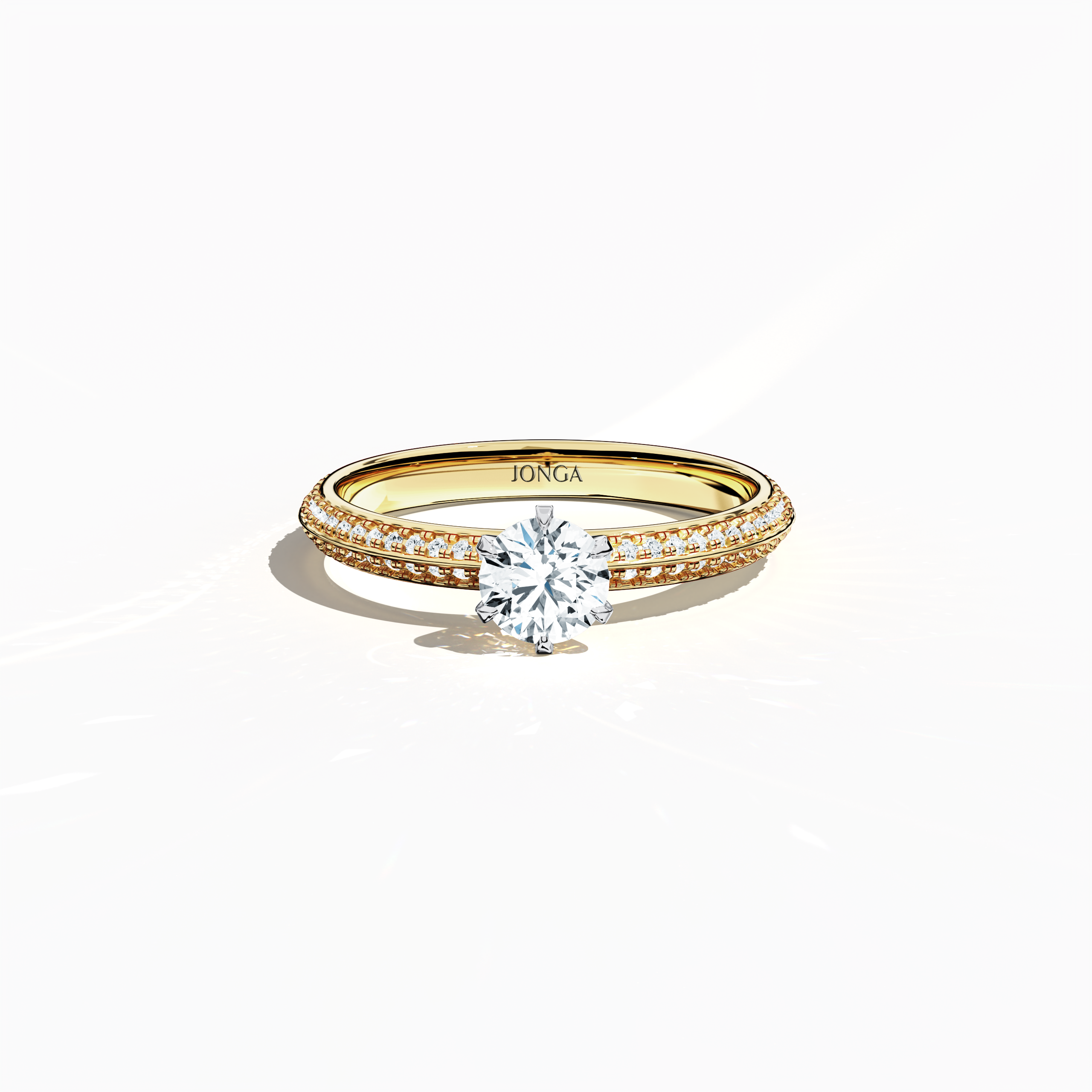Elegant 0.90 карат diamond ring in a six‑prong setting with a pavé band – including a 0.50 карат center diamond and 0.40 карат side stones – rendered in classic жёлтое золото with a dual‑tier, step‑accented band and a defined midline. Captured from a front top view, this fine Украшения/fine Ювелирные изделия ring highlights its luxurious pavé detail and warm radiance.