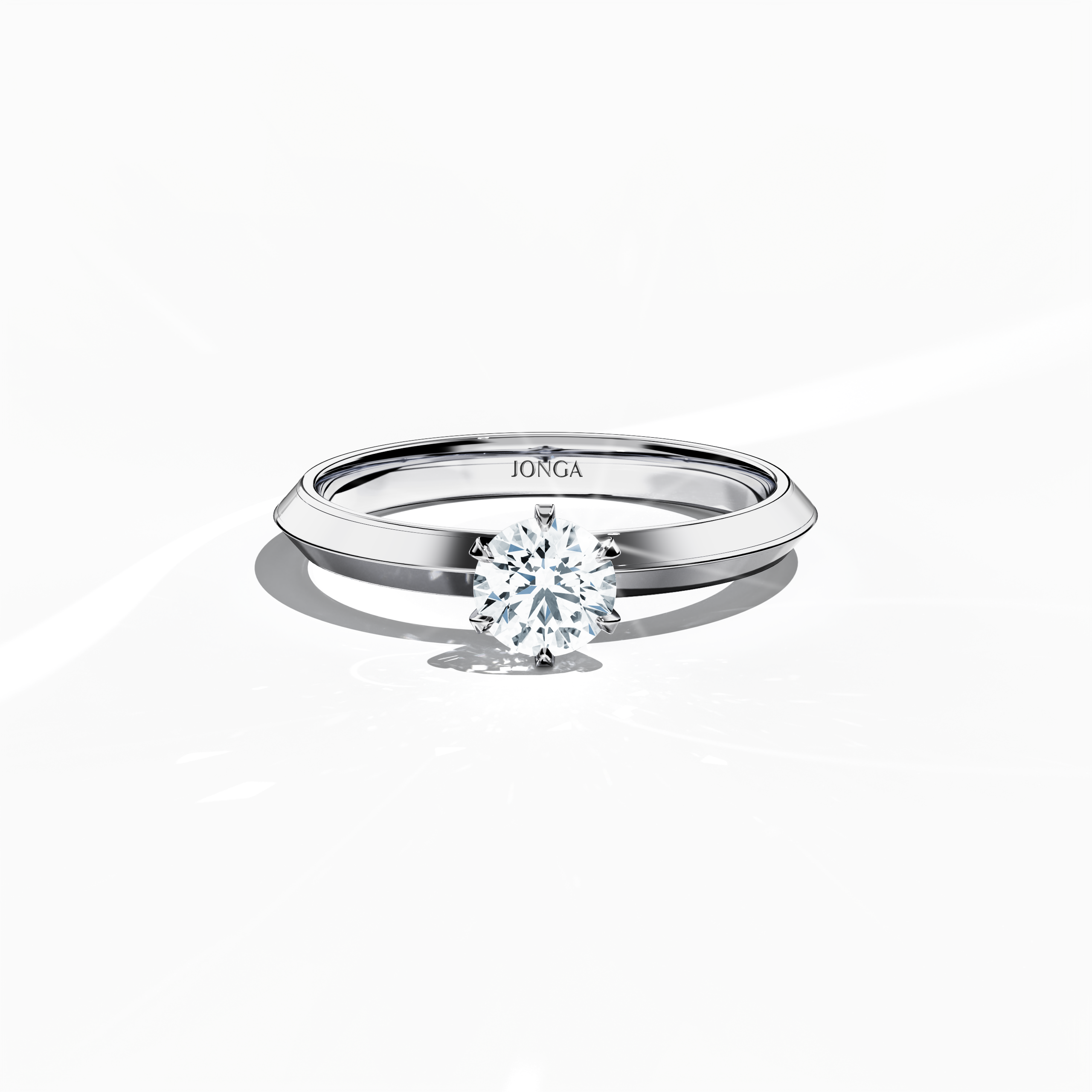 Solitaire ring featuring a 0.50ct diamond secured by six delicate claw prongs in белое золото with a two-tier band marked by a crisp central line, shown from a front top view to emphasize its sleek profile and sparkling center stone—a modern fine Украшения/fine Ювелирные изделия accessory.