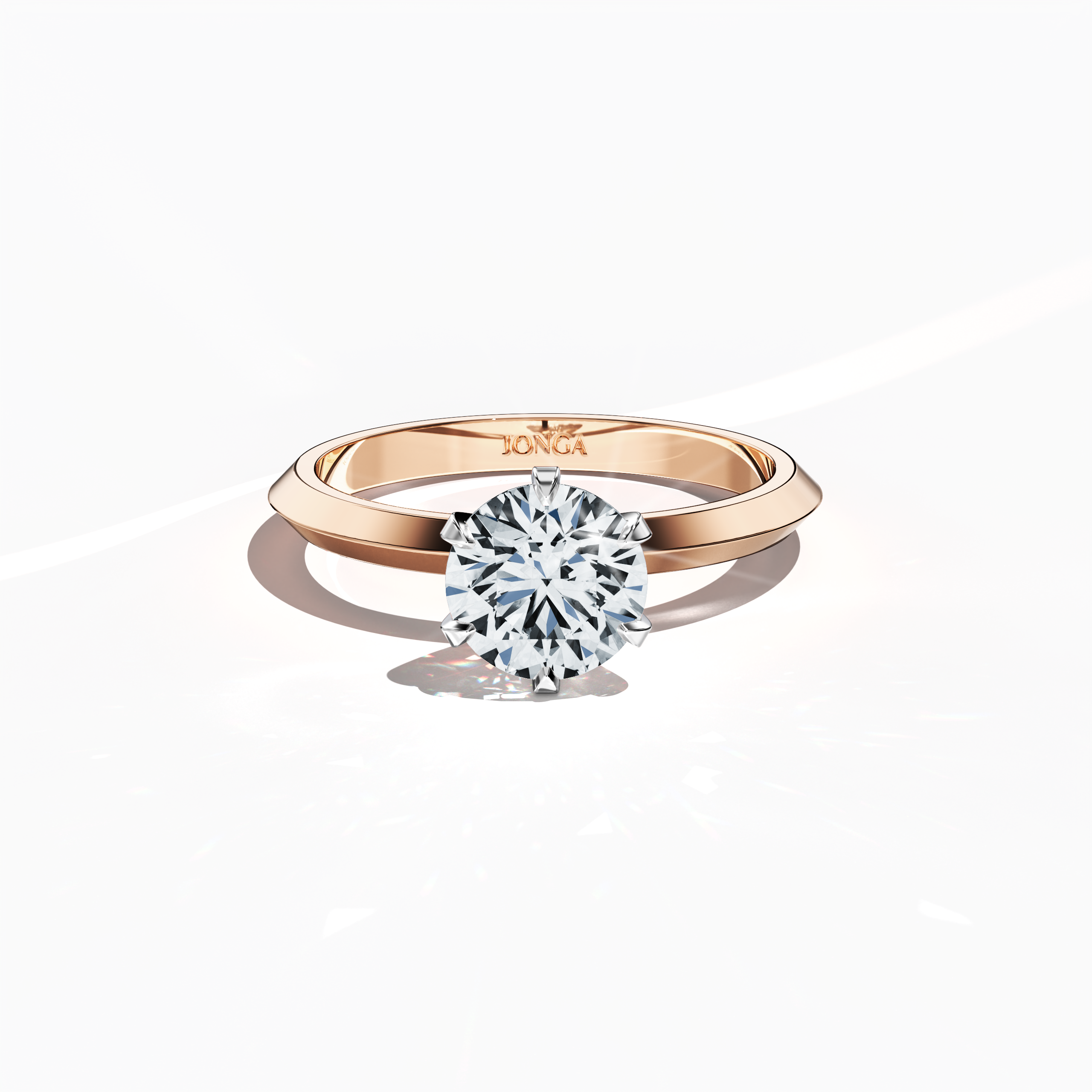 Elegant 2 carat diamond solitaire ring featuring a six-prong baby claw setting and a dual-tier band with a defined midline, rendered in a soft розовое золото band (blush/pink gold). Captured from a front top view, this fine Украшения/fine Ювелирные изделия piece highlights the sparkling center diamond and gentle, luminous finish.