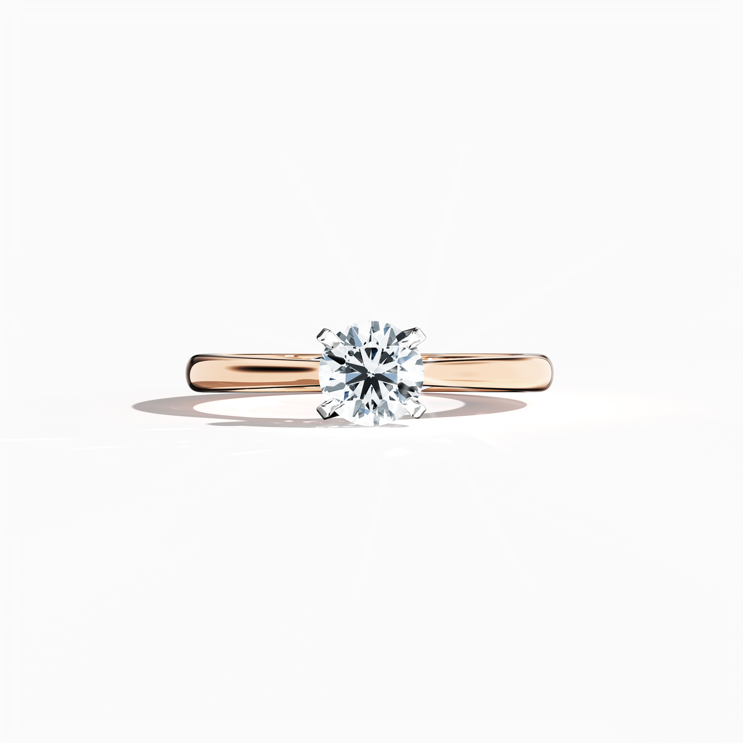 Solitaire ring with a 0.70  карат center diamond in a unique twisted bottom setting and four‑tap prong detail in белое золото, paired with a soft розовое золото band (blush/pink gold). Shown in a sleeping front view on a flat surface, this fine Украшения/fine Ювелирные изделия ring radiates warm, romantic elegance and modern design.